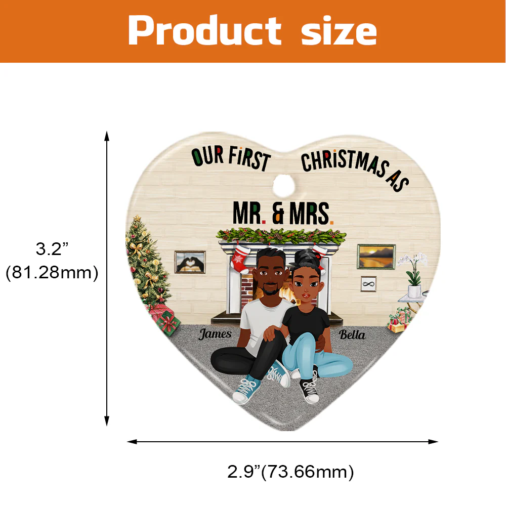 Our First Christmas Married As Mr. & Mrs. - Personalized Heart Shaped Ceramic Ornament - Image 3