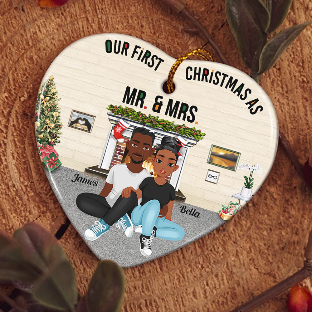 Our First Christmas Married As Mr. & Mrs. - Personalized Heart Shaped Ceramic Ornament - Image 4