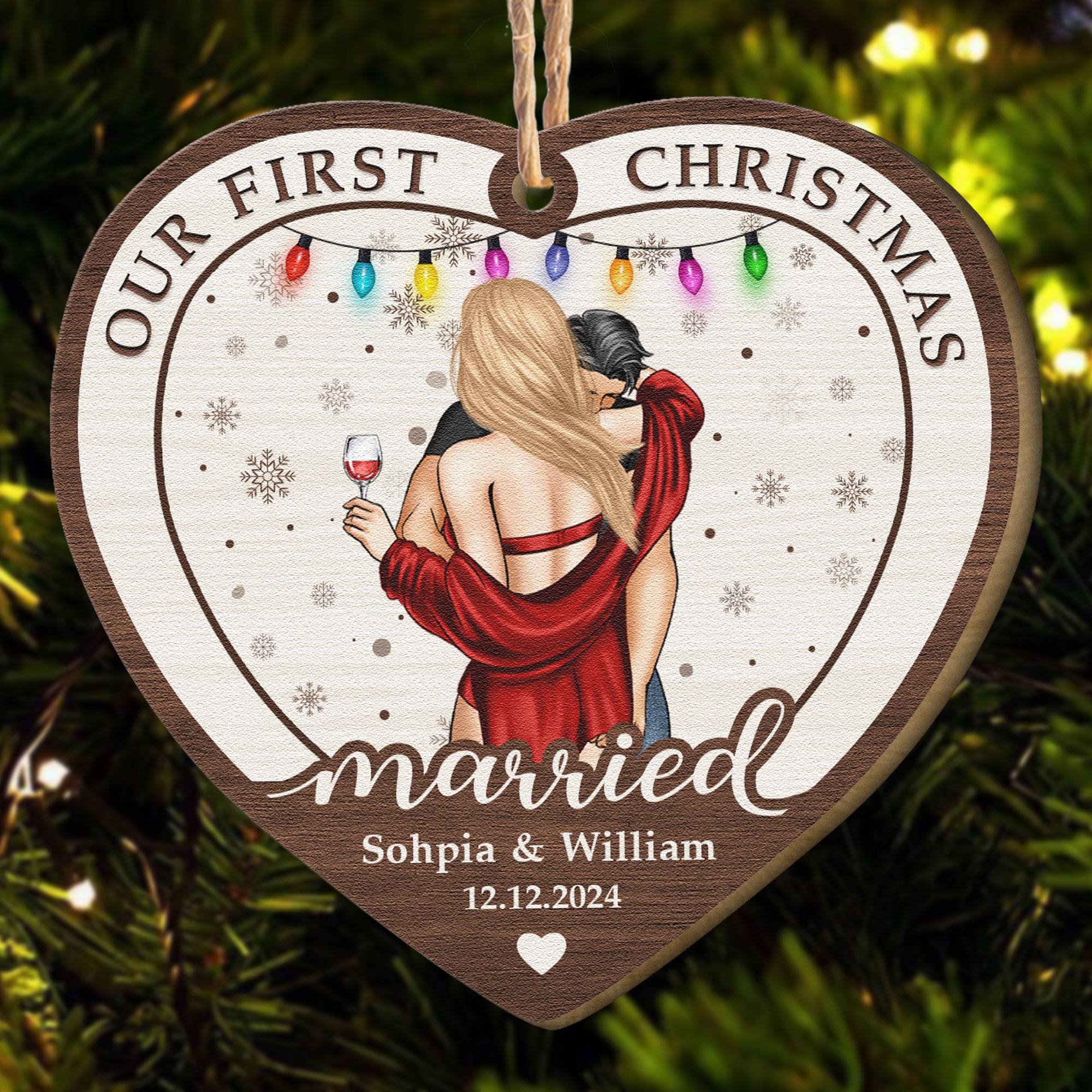 Our First Christmas Married Couple - Personalized Wooden Ornament - Image 2