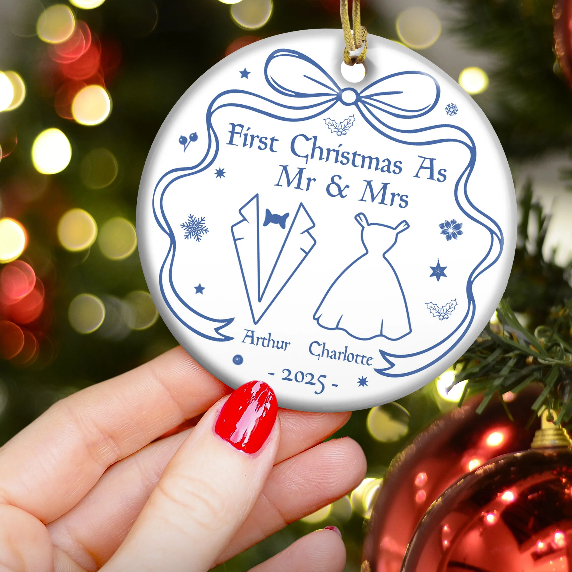 Our First Christmas Toile De Jouy - Personalized Ceramic Ornament - Image 4