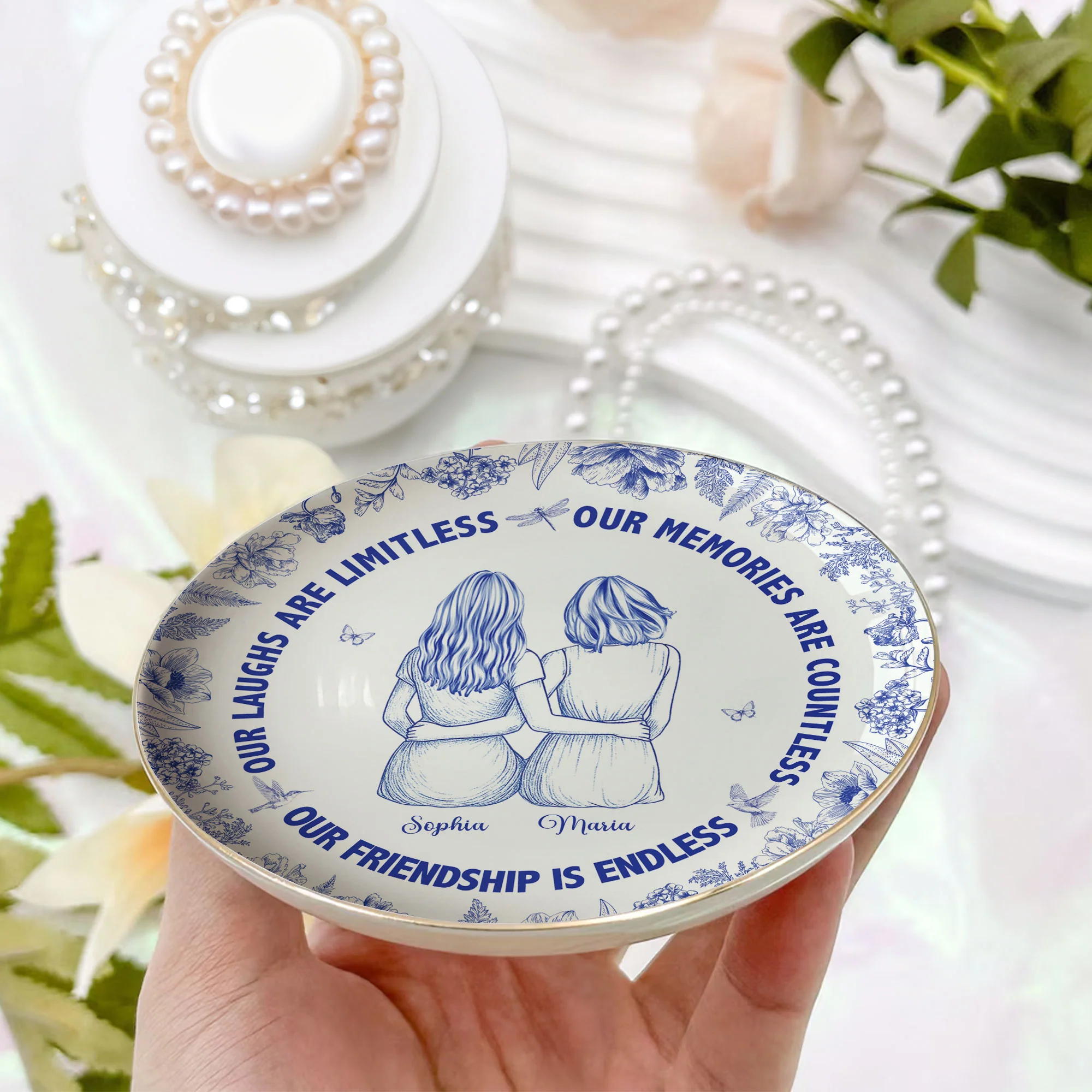 Our Laughs Are Limitless Friendship Gift Toile De Jouy - Personalized Jewelry Dish - Image 2