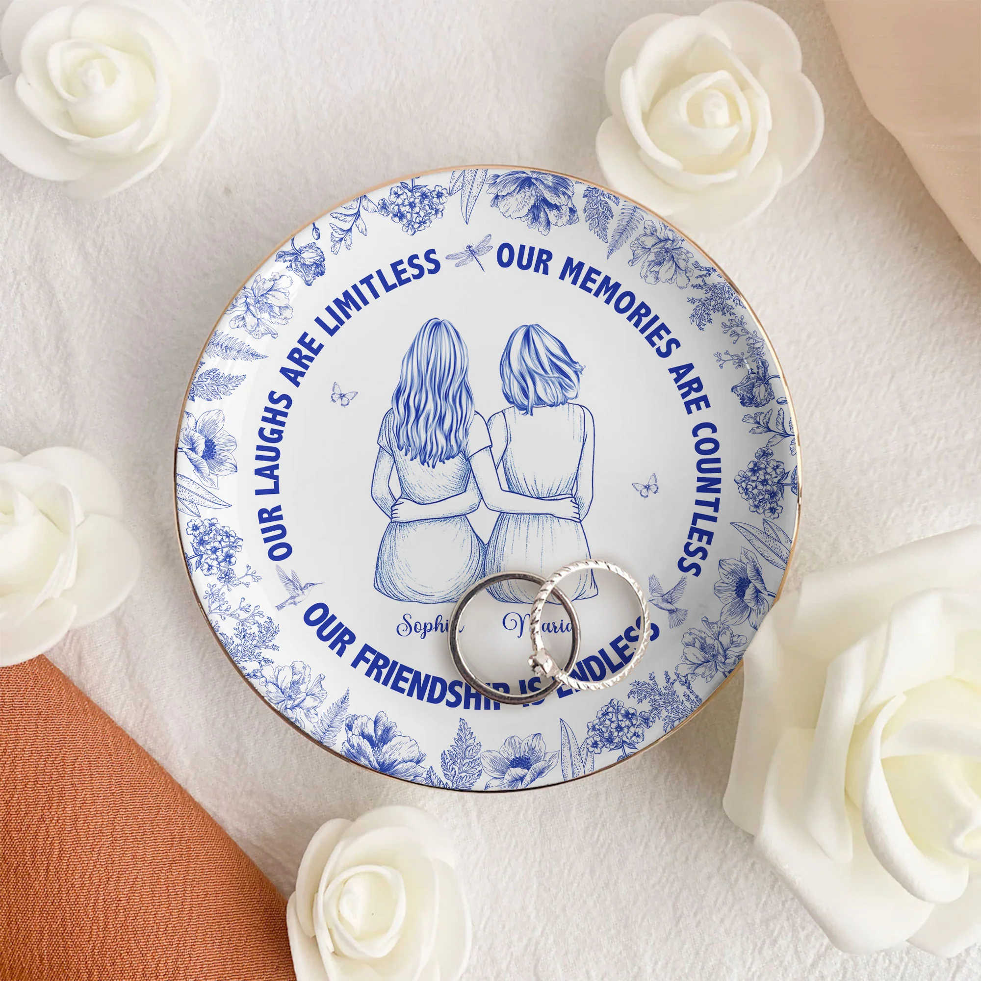 Our Laughs Are Limitless Friendship Gift Toile De Jouy - Personalized Jewelry Dish - Image 3