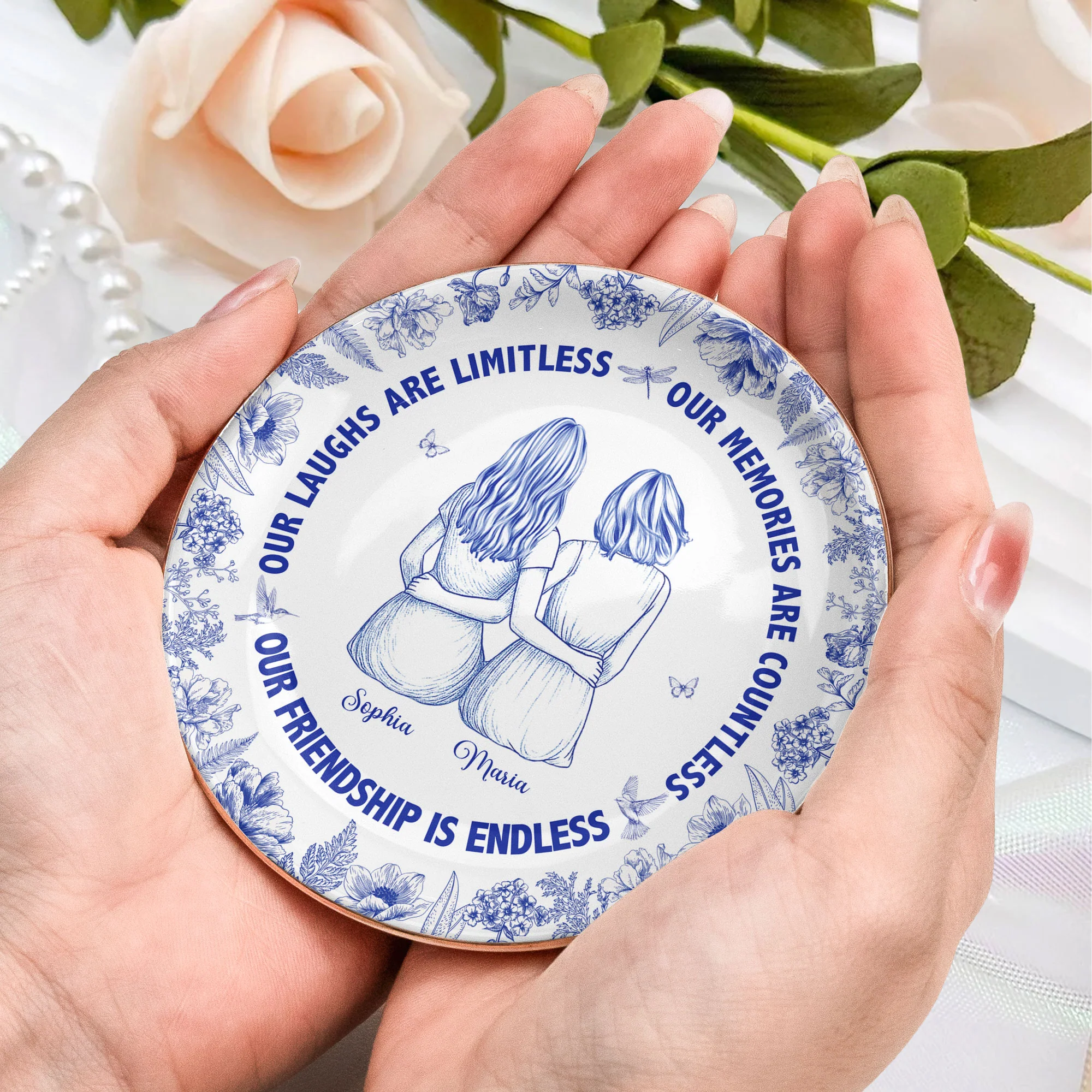 Our Laughs Are Limitless Friendship Gift Toile De Jouy - Personalized Jewelry Dish - Image 4