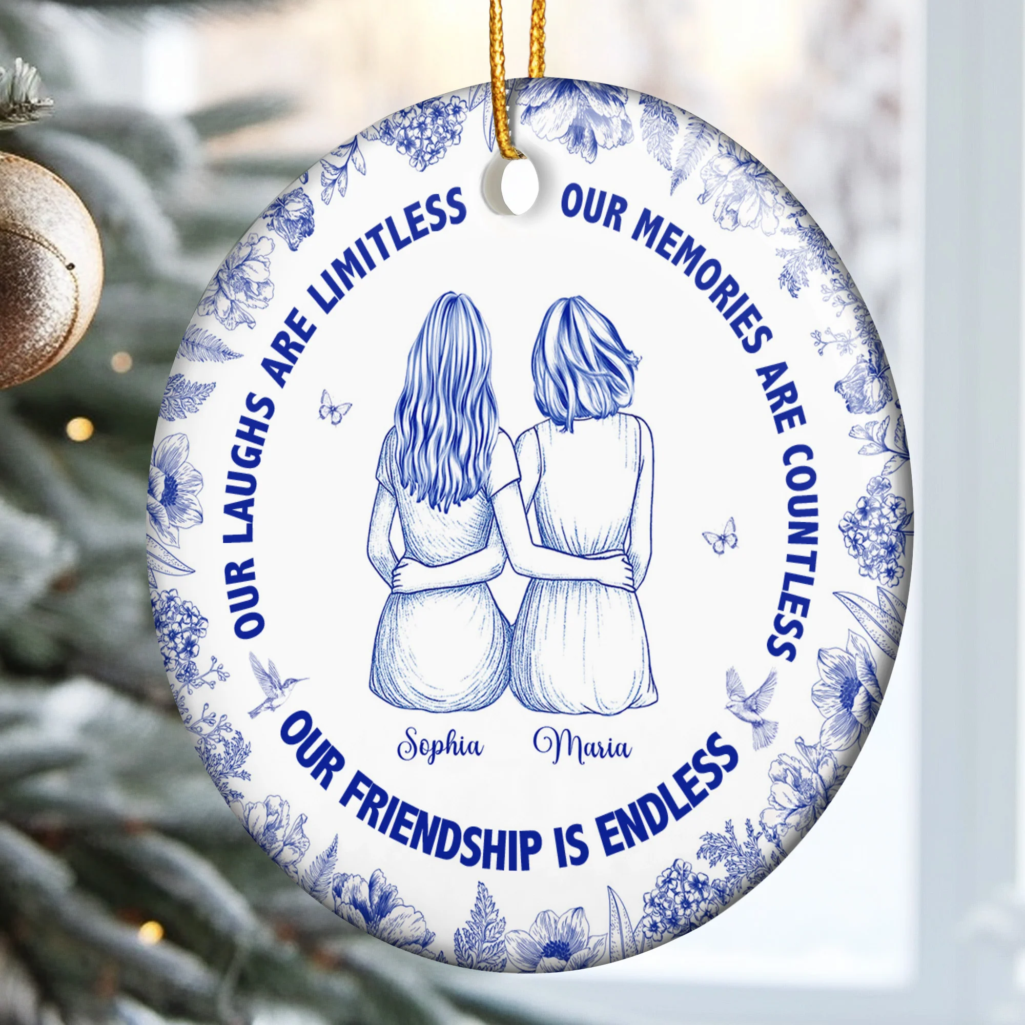 Our Laughs Are Limitless Our Friendship Is Endless Toile De Jouy - Personalized Ceramic Ornament - Image 2
