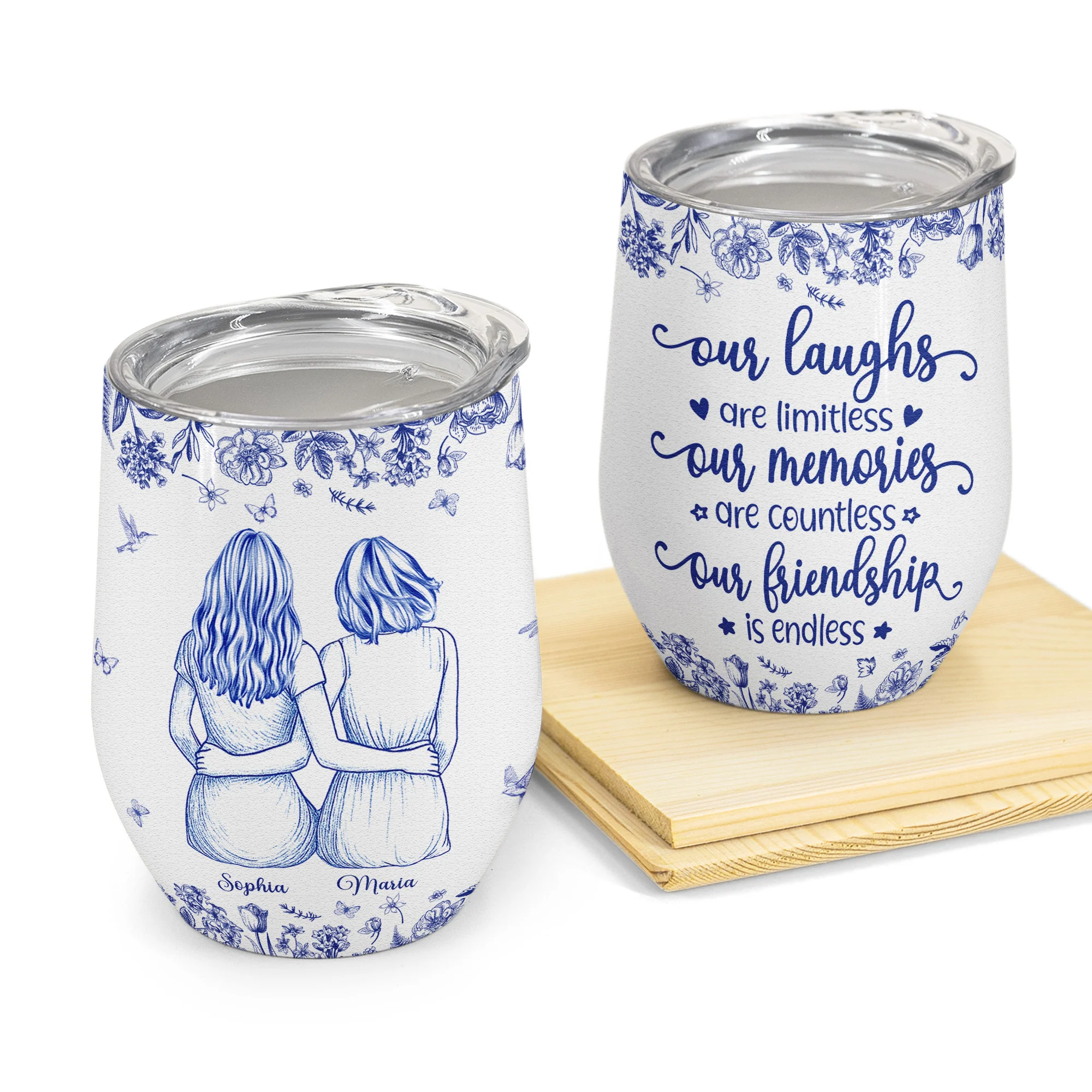 Our Memories Are Countless Our Friendship Is Endless Toile De Jouy - Personalized Wine Tumbler - Image 2