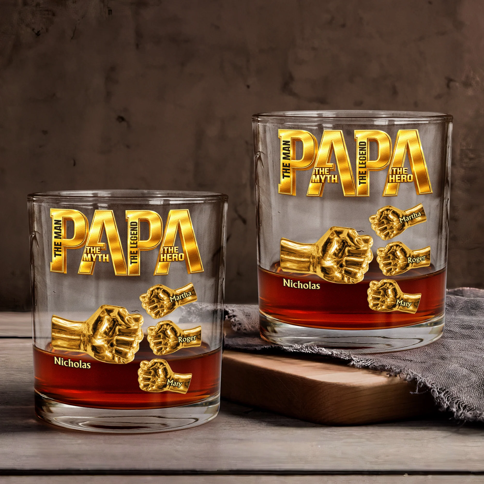 Papa The Man The Myth The Legend - Fist Bumps With Kids' Names - Personalized Whiskey Glass - Image 2