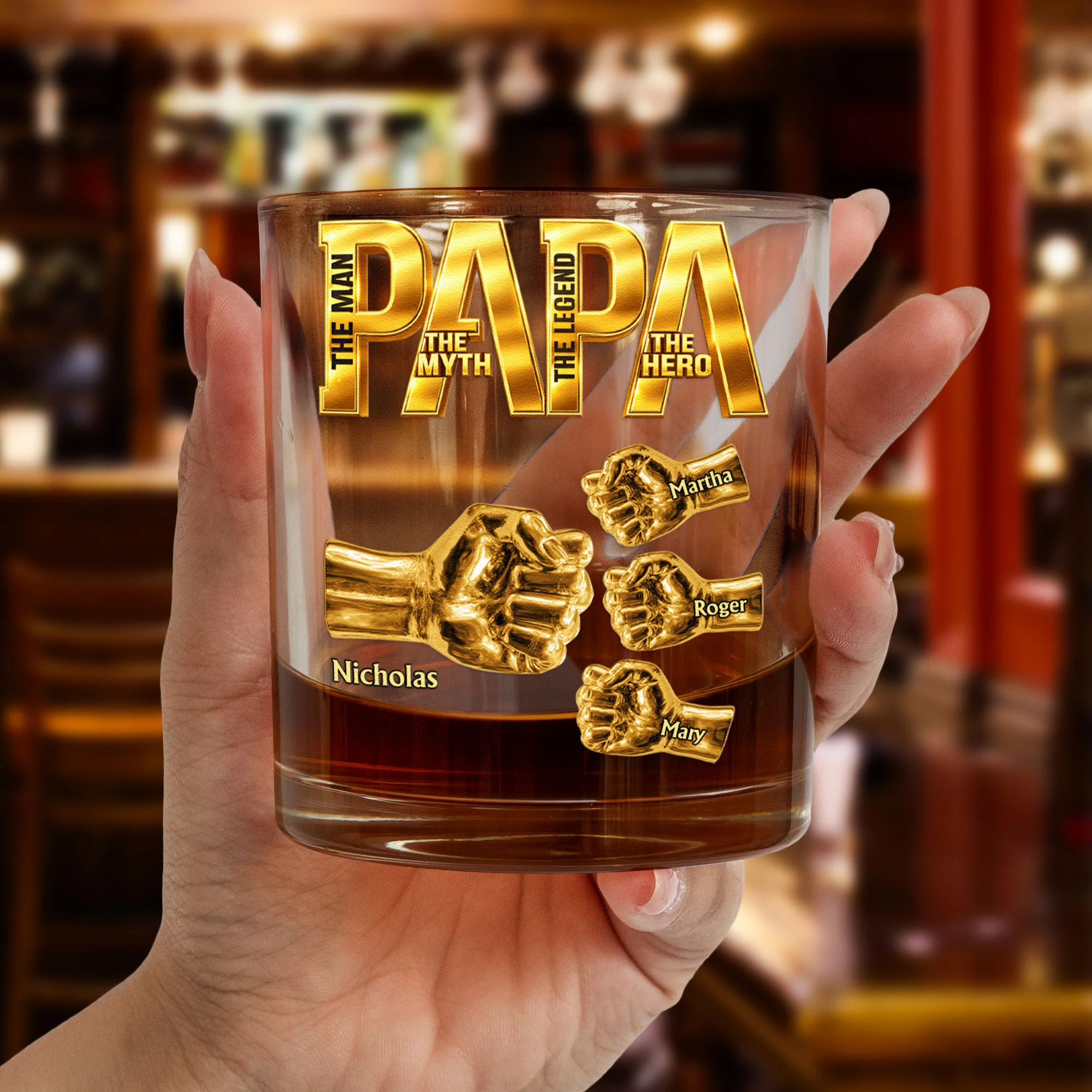 Papa The Man The Myth The Legend - Fist Bumps With Kids' Names - Personalized Whiskey Glass - Image 4