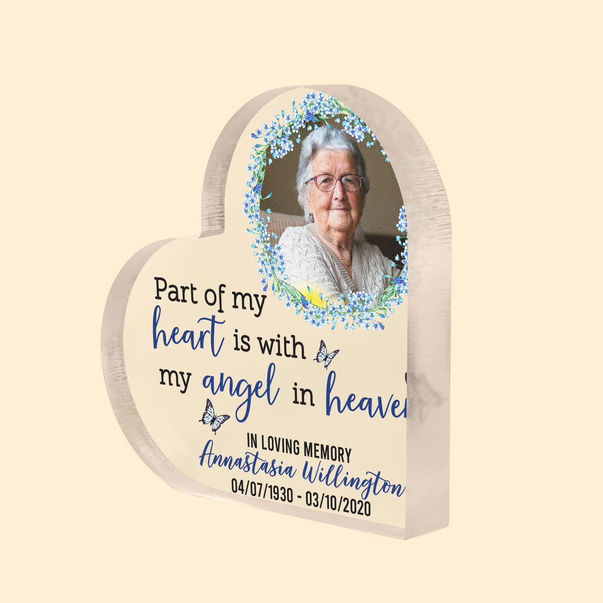 Part Of My Heart Is With My Angel - Personalized Heart Shaped Acrylic Photo Plaque - Image 3