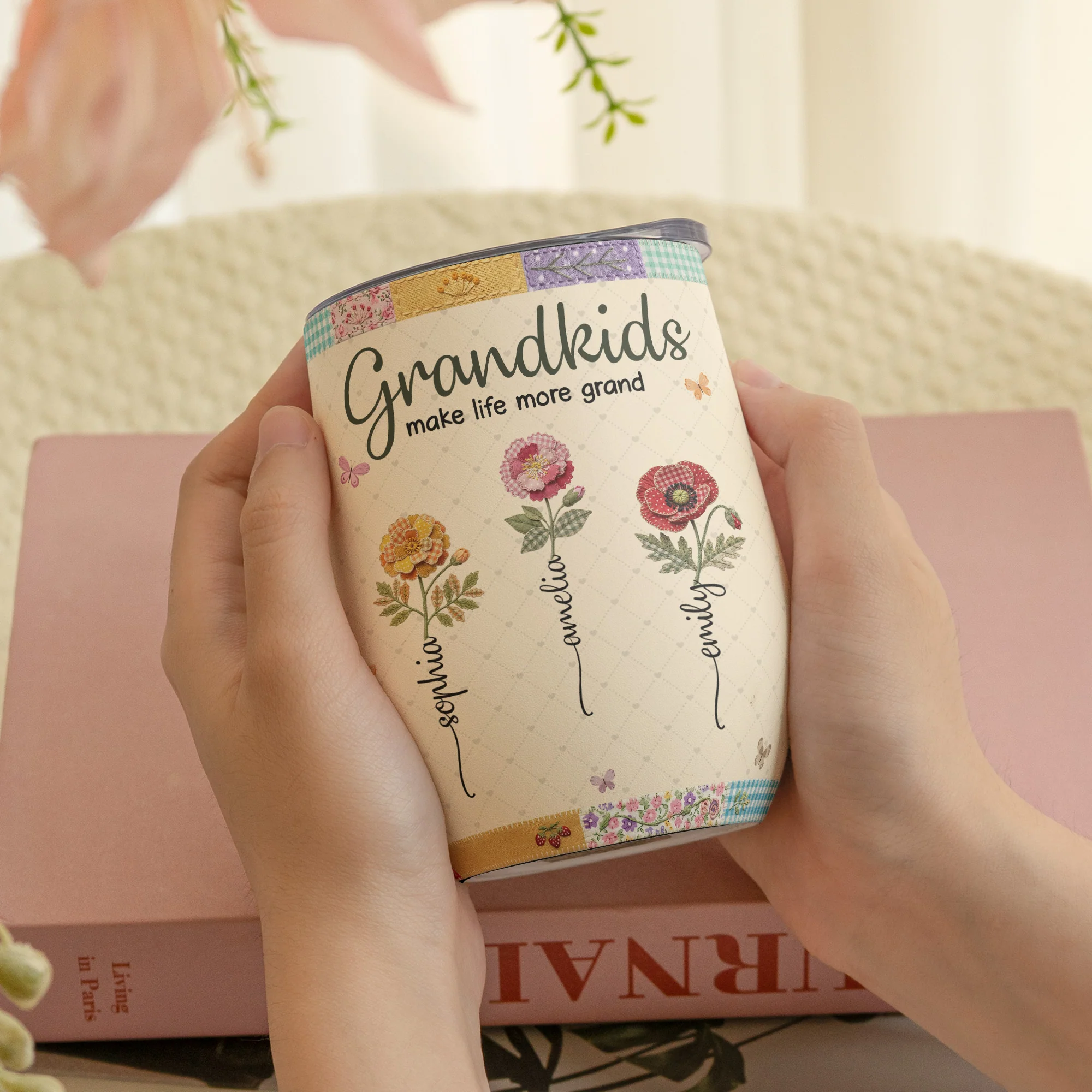 Patchwork Birth Flower Grandma - Personalized Wine Tumbler - Image 3