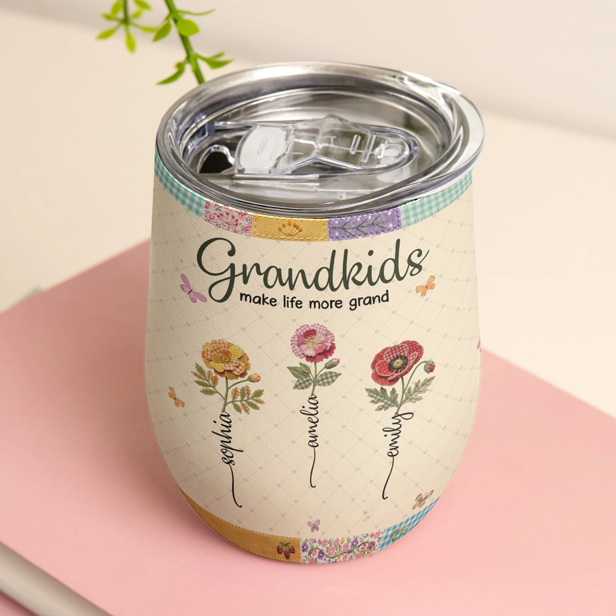 Patchwork Birth Flower Grandma - Personalized Wine Tumbler - Image 4