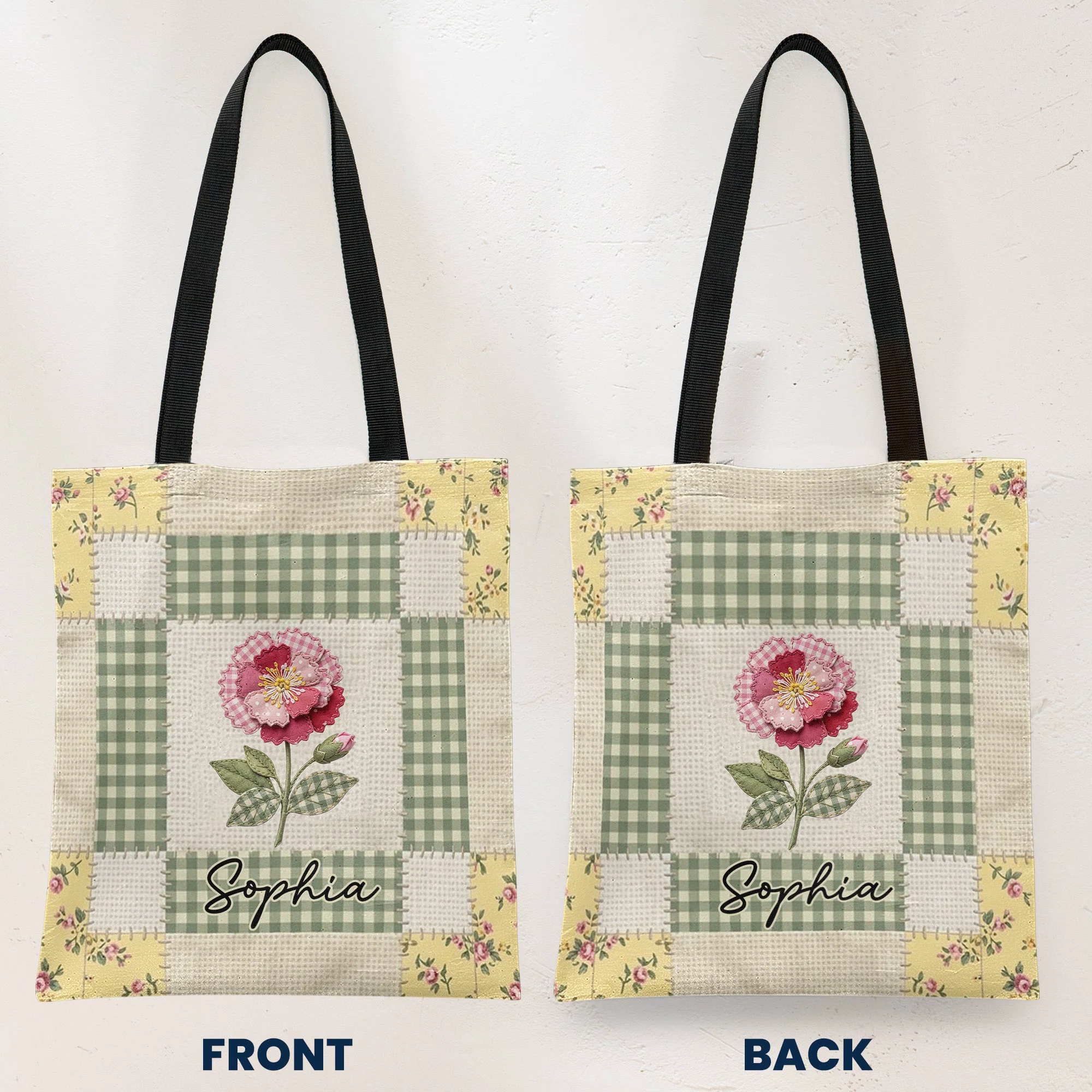 Patchwork Birth Flower Self Gift - Personalized Tote Bag - Image 2