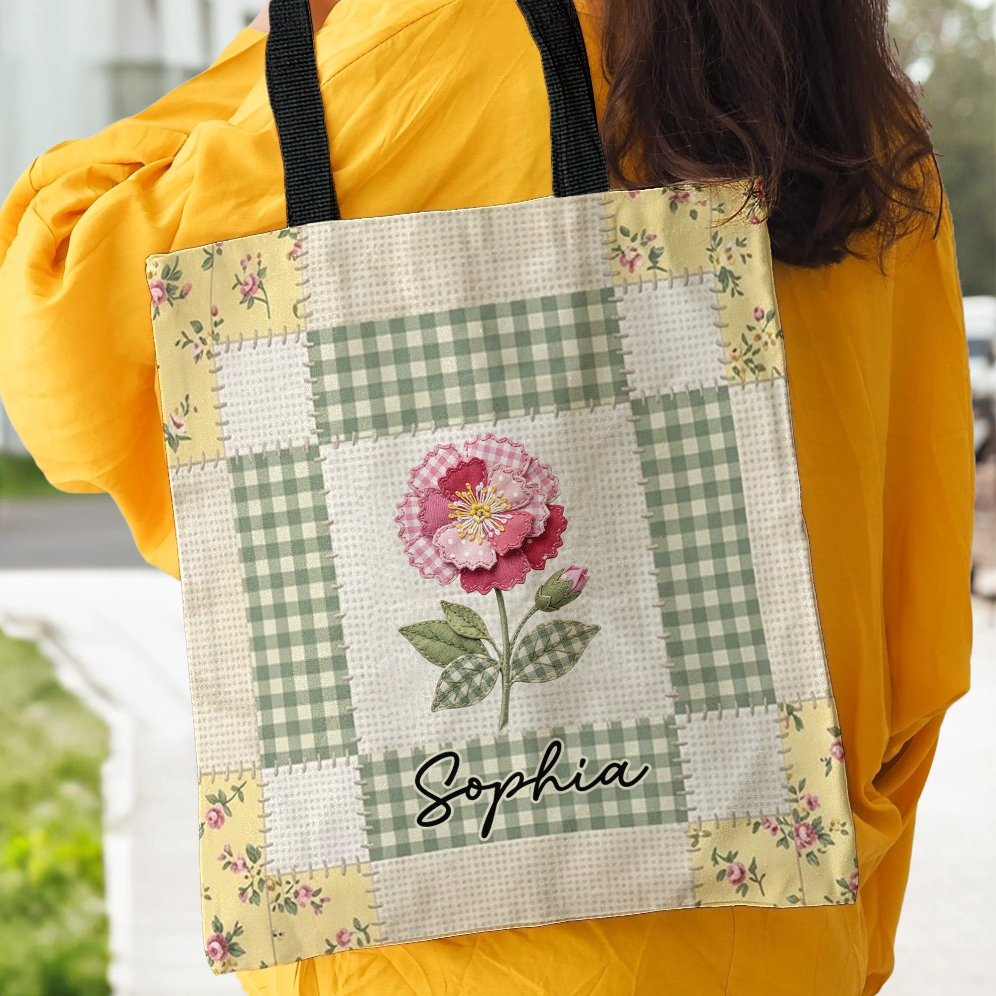 Patchwork Birth Flower Self Gift - Personalized Tote Bag - Image 3
