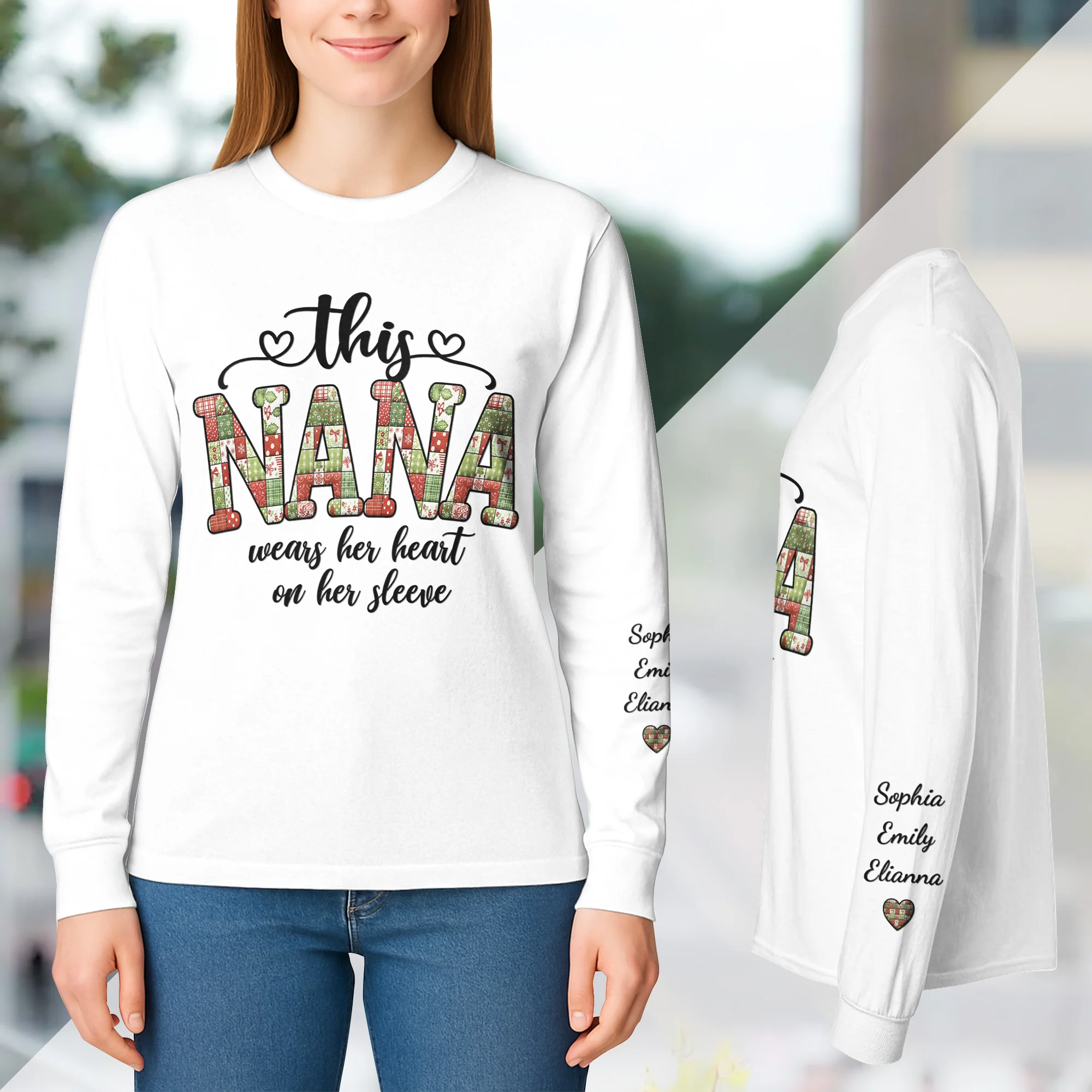 Patchwork Style This Grandma Wears Her Heart - Custom Long Sleeve T-Shirt - Image 6