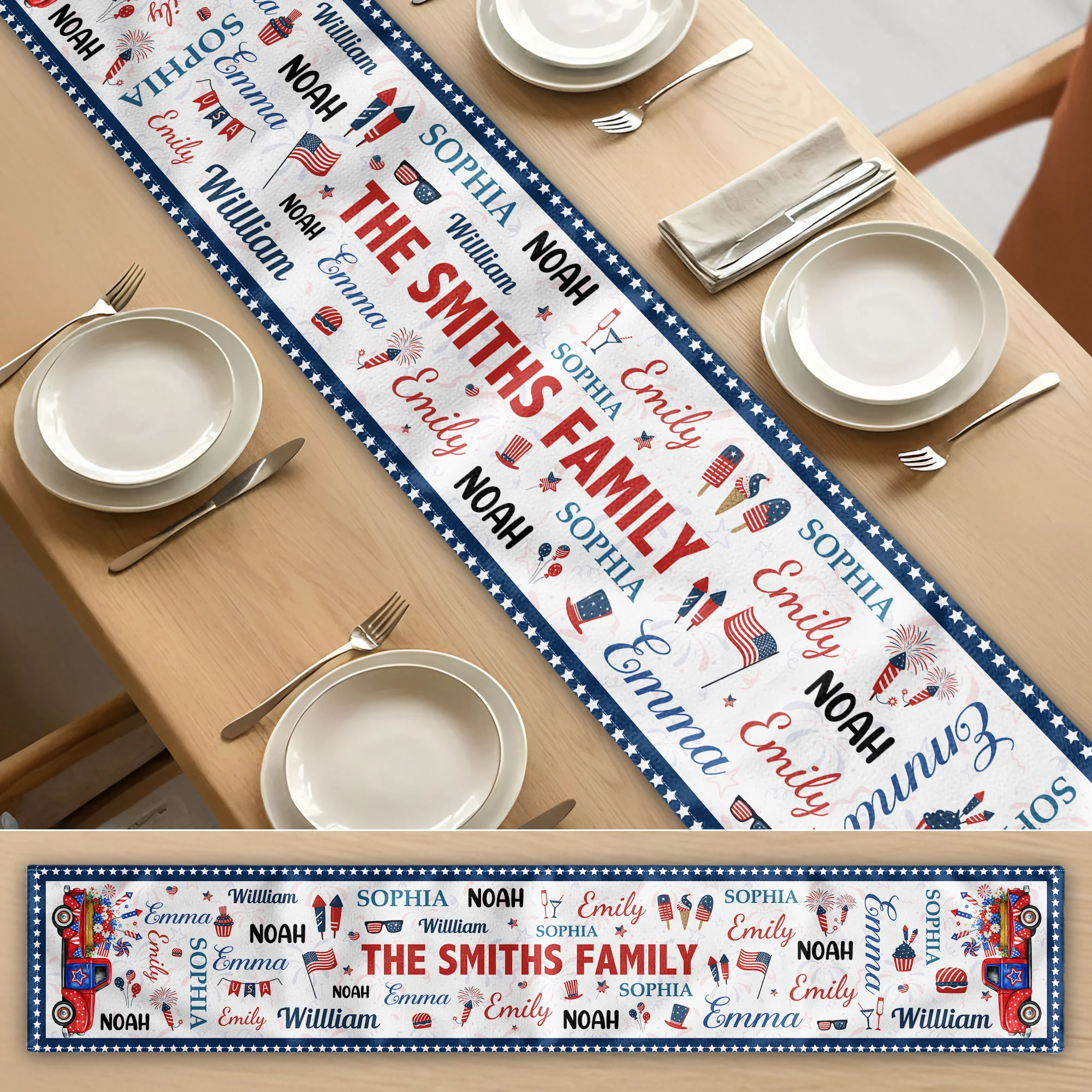 Patriotic Family Repeating Names USA 250th Anniversary - Personalized Table Runner - Image 4