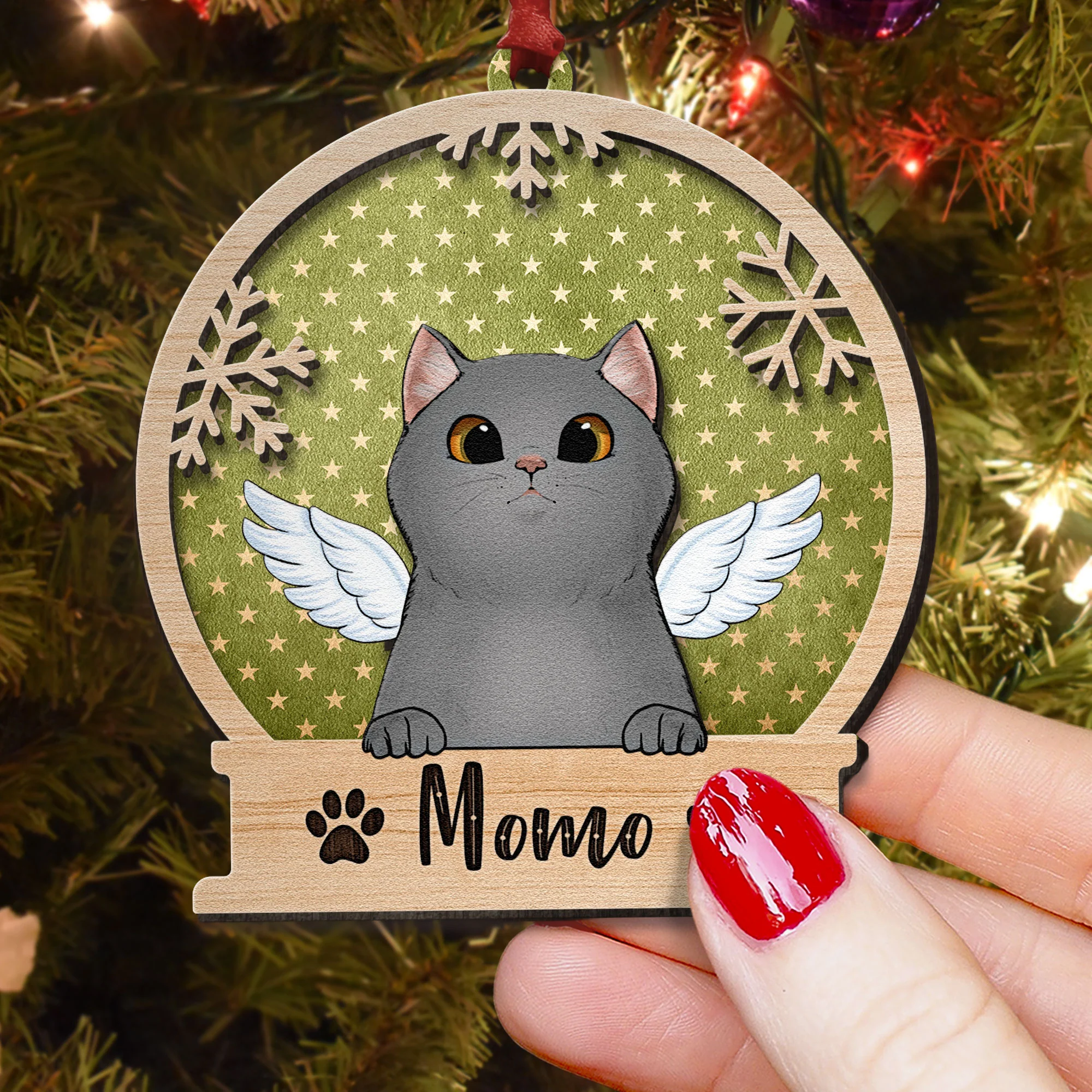 Peeking Cat Christmas - Personalized 2 Layers Wooden Ornament - Image 2