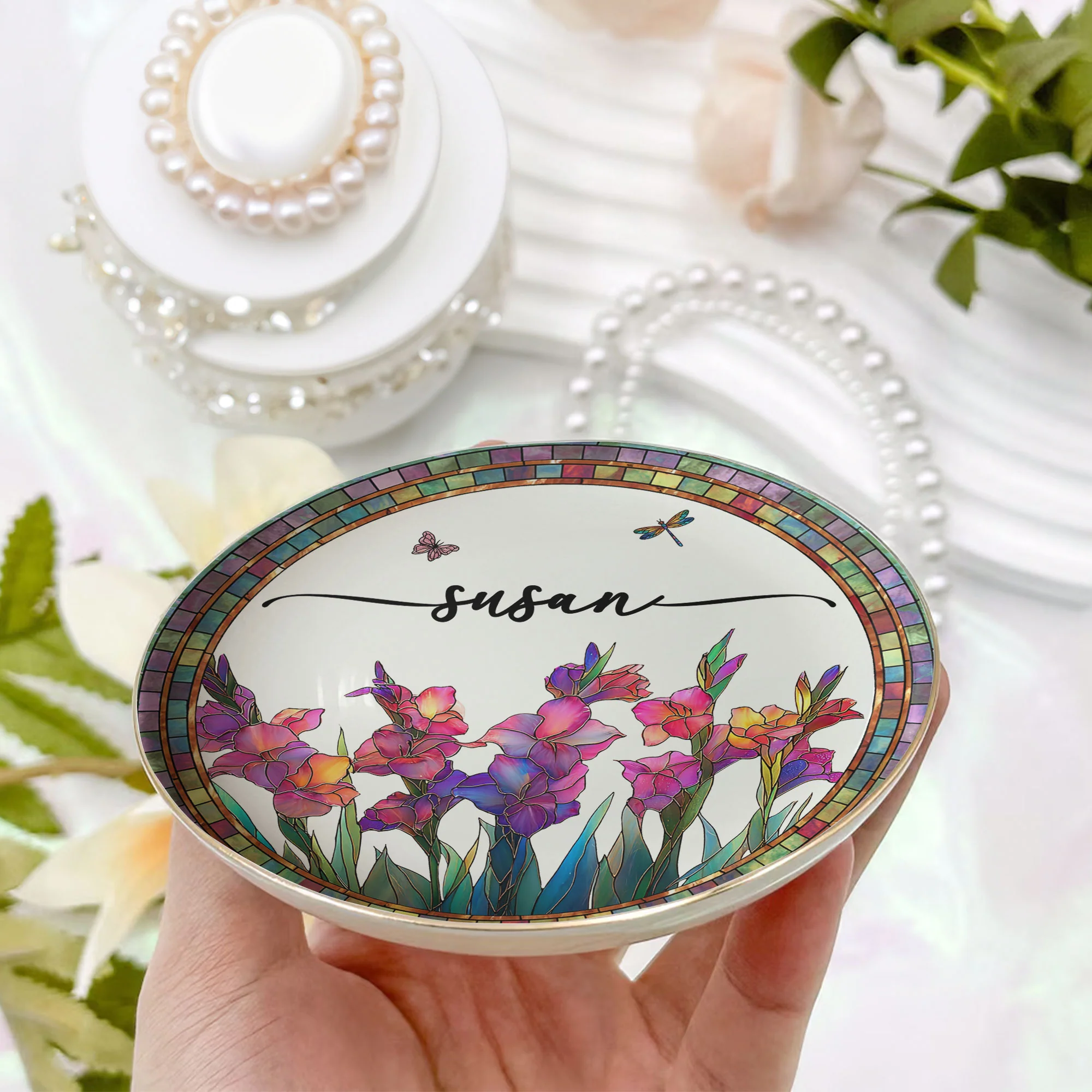 Personalize Birth Flower, Name For Her, Daughter, Sister - Personalized Jewelry Dish - Image 2