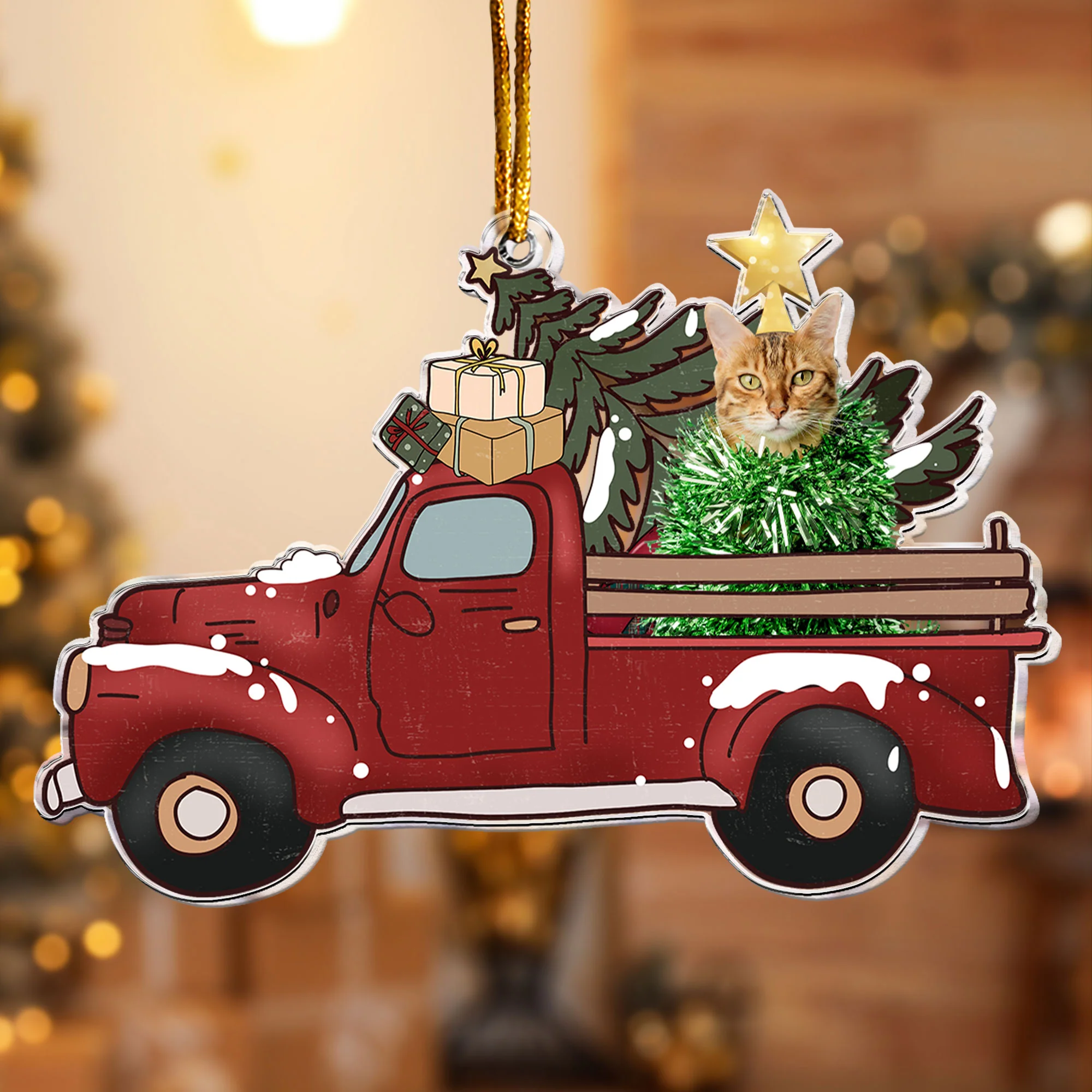 Pet On Red Truck - Personalized Acrylic Ornament - Image 2