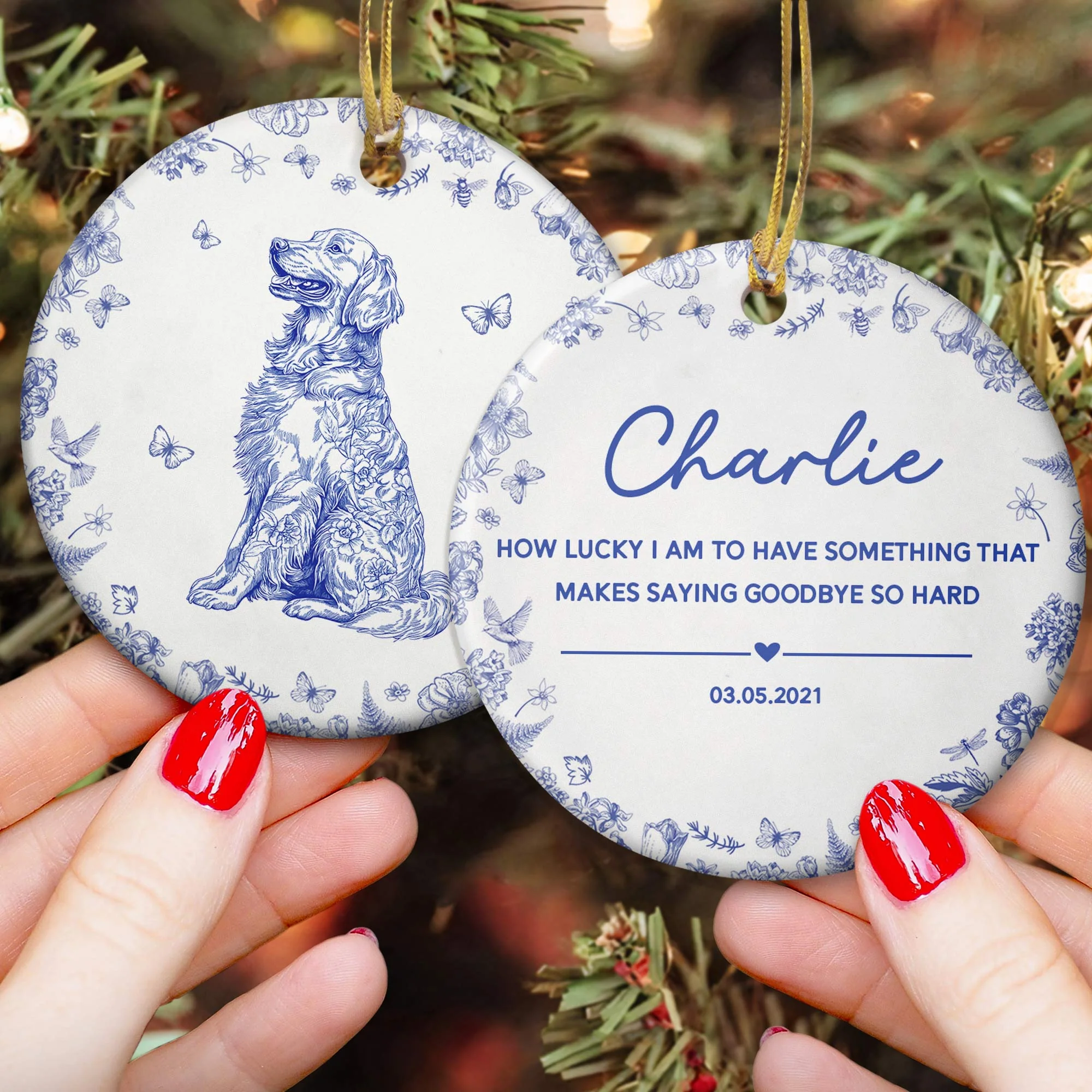Pet Sympathy, Dog Memorial, Cat In Loving Memory Toile De Jouy - Personalized Ceramic Ornament - Image 4