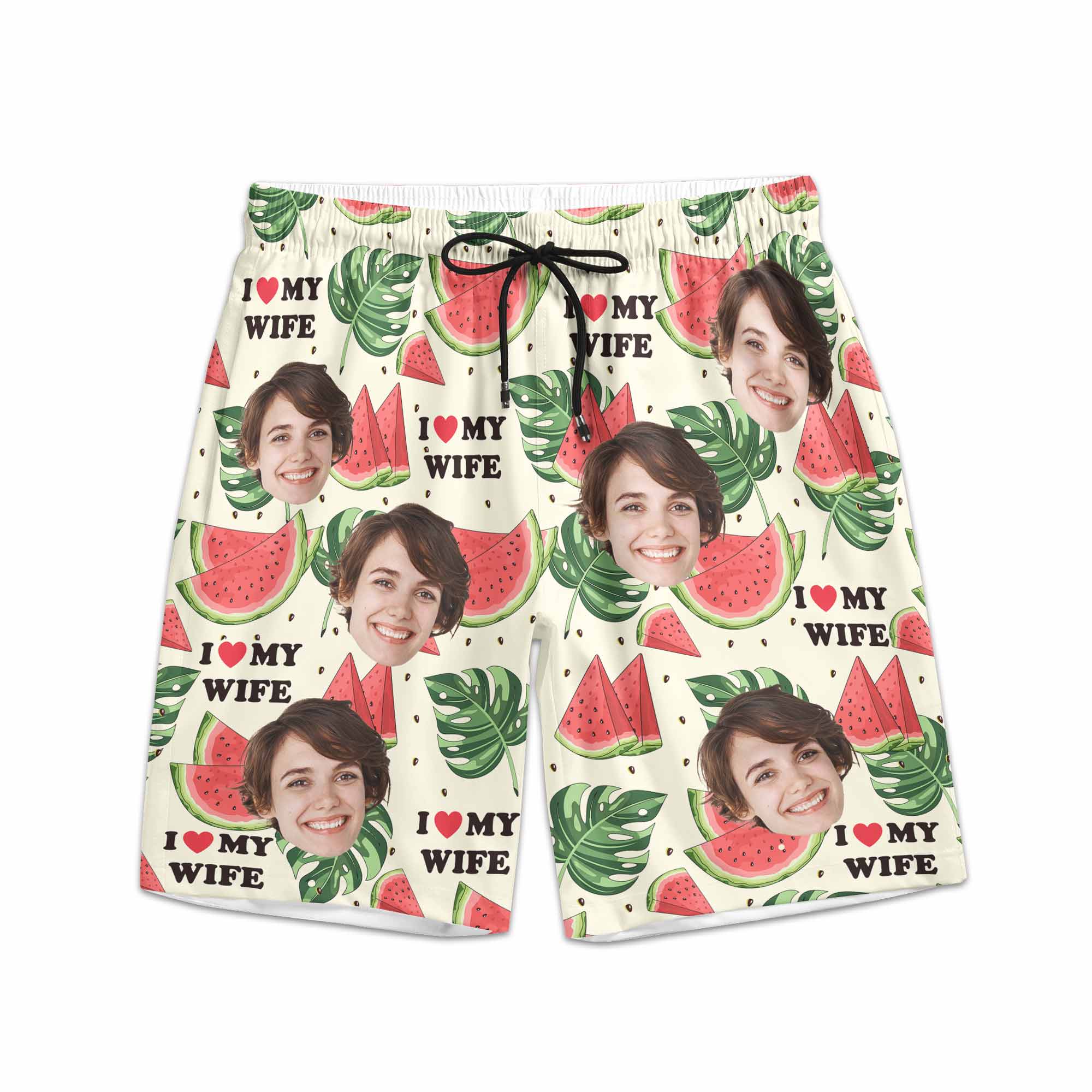 I Love My Wife I Love My Husband - Personalized Photo Couple Beach Shorts - Image 3