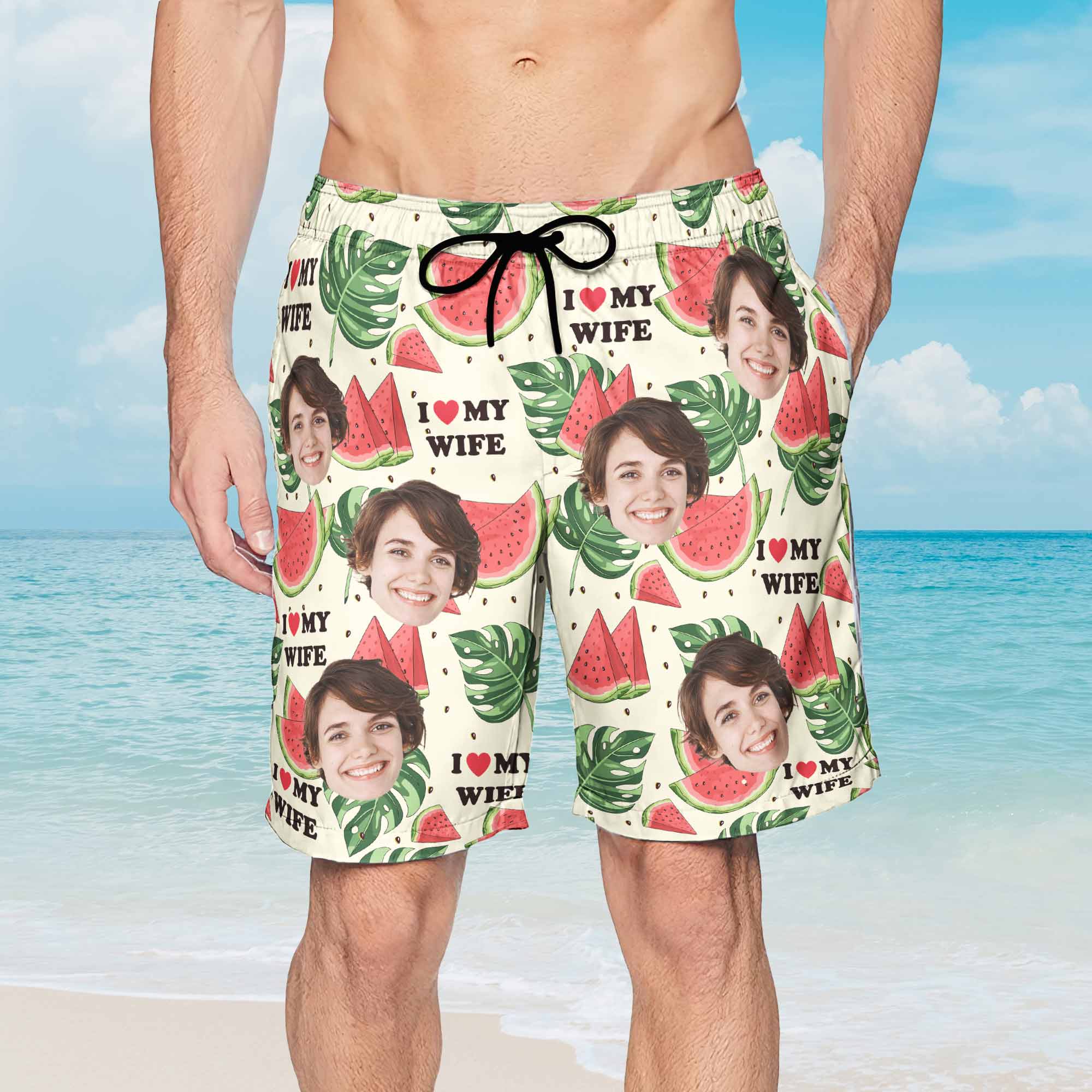 I Love My Wife I Love My Husband - Personalized Photo Couple Beach Shorts - Image 4