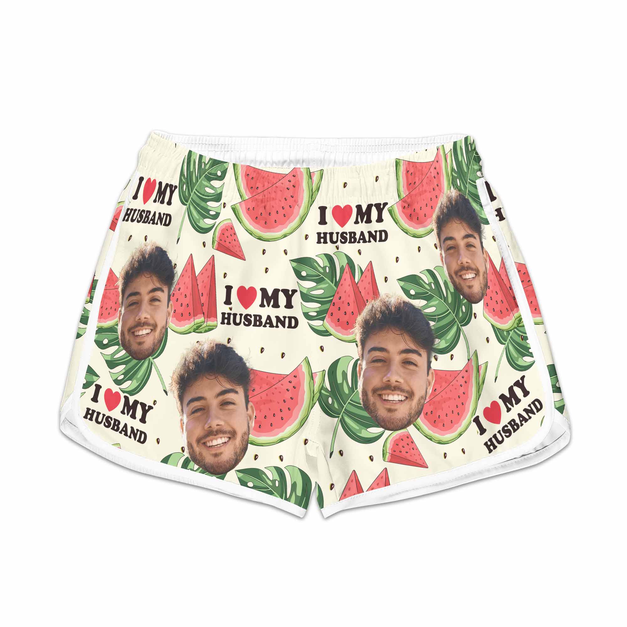 I Love My Wife I Love My Husband - Personalized Photo Couple Beach Shorts - Image 5