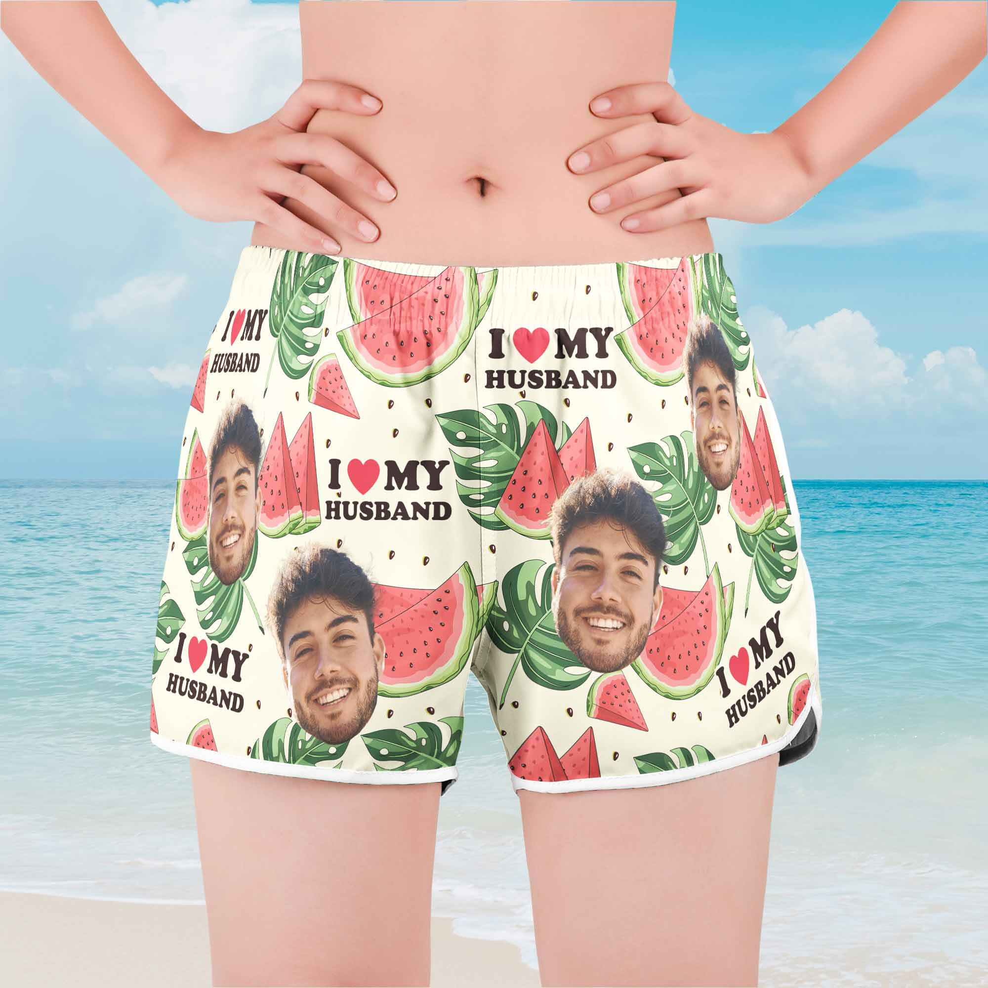 I Love My Wife I Love My Husband - Personalized Photo Couple Beach Shorts - Image 6