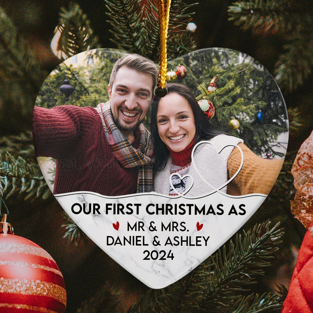 Our First Christmas As Mr & Mrs - Personalized Heart Shaped Ceramic Photo Ornament - Image 4