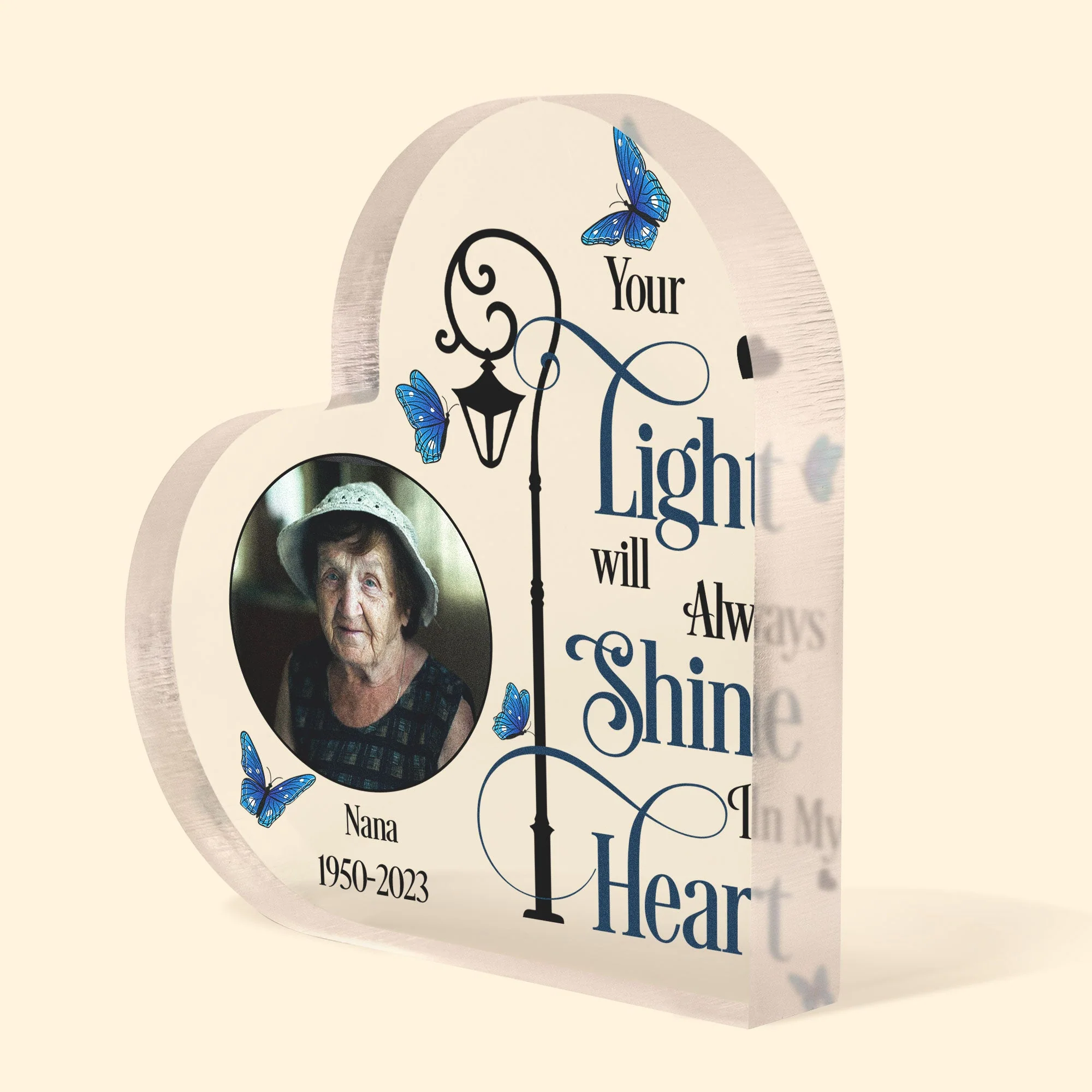 Your Light Will Always Shine In My Heart - Personalized Heart Shaped Acrylic Photo Plaque - Image 3