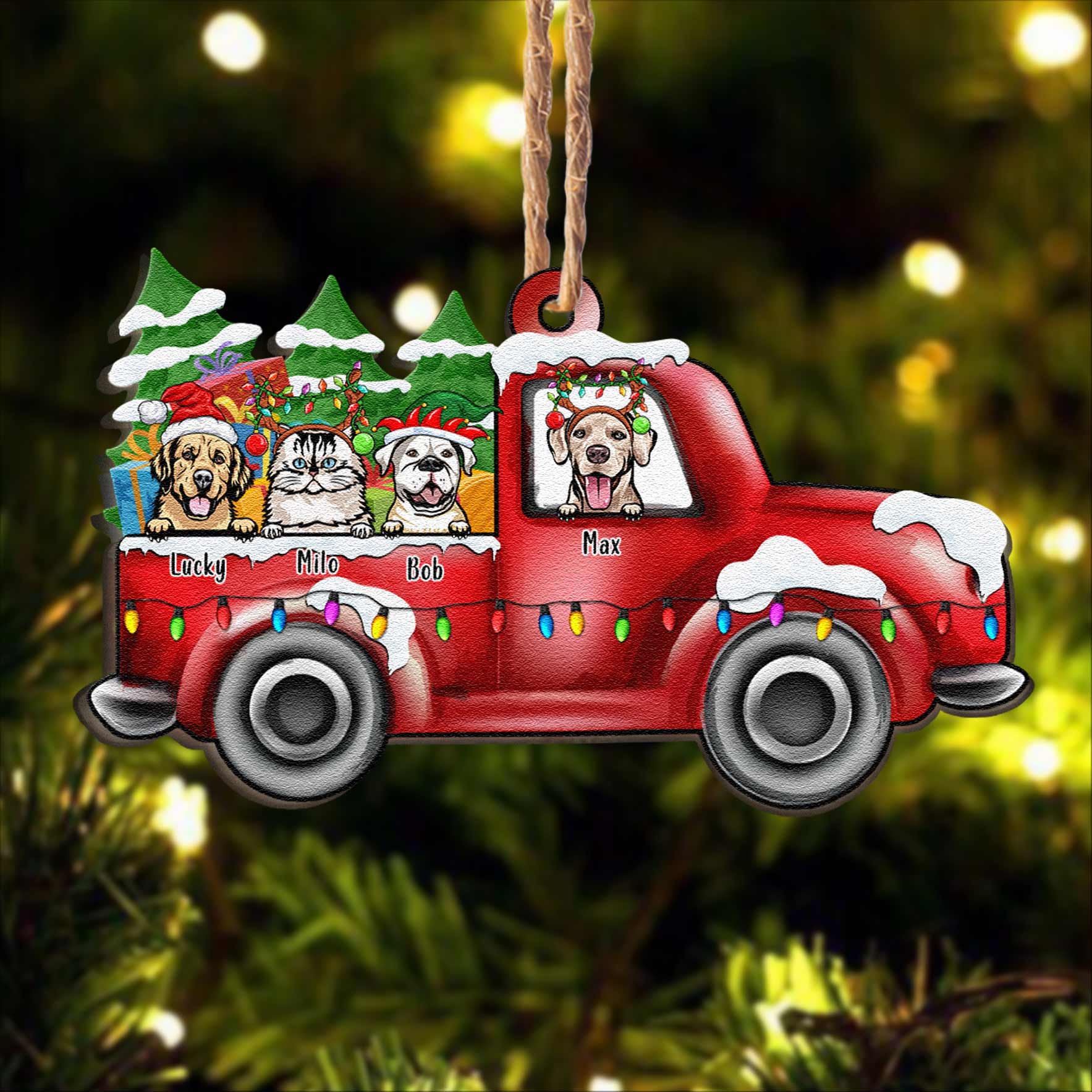 Pickup Truck With Fur Babies - Personalized Custom Shaped Wooden Ornament - Image 2