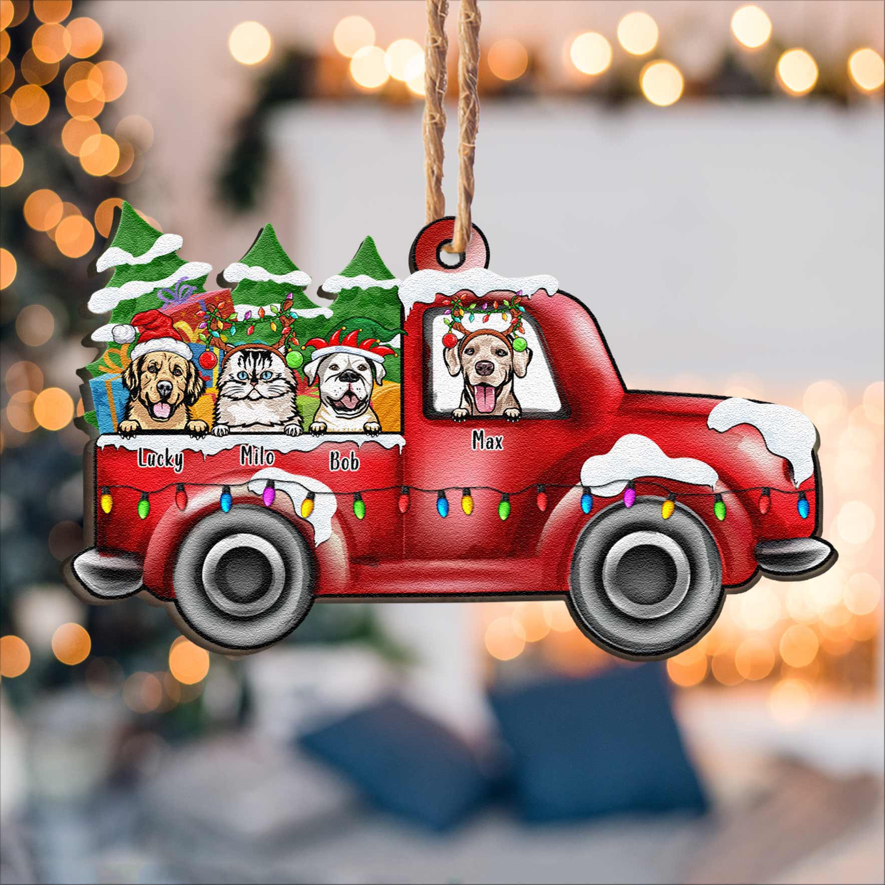 Pickup Truck With Fur Babies - Personalized Custom Shaped Wooden Ornament - Image 3