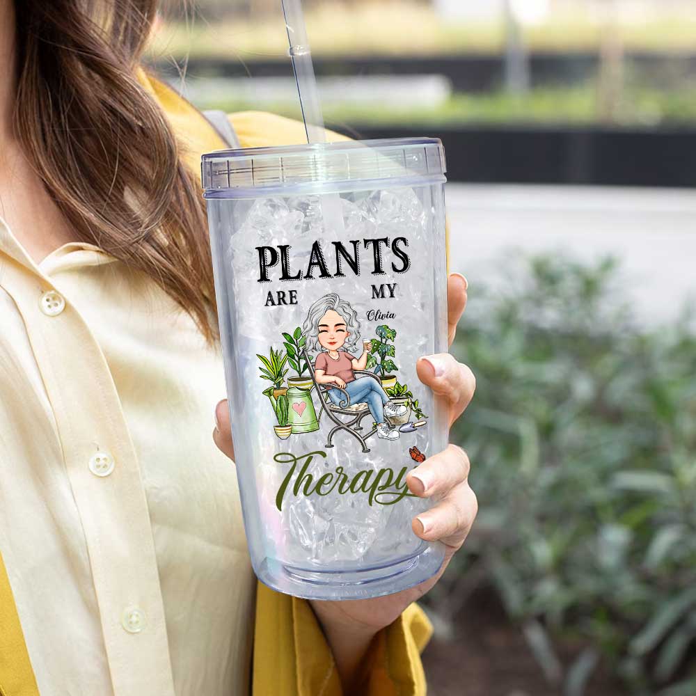 Plants Are My Therapy - Personalized Acrylic Tumbler With Straw - Image 4
