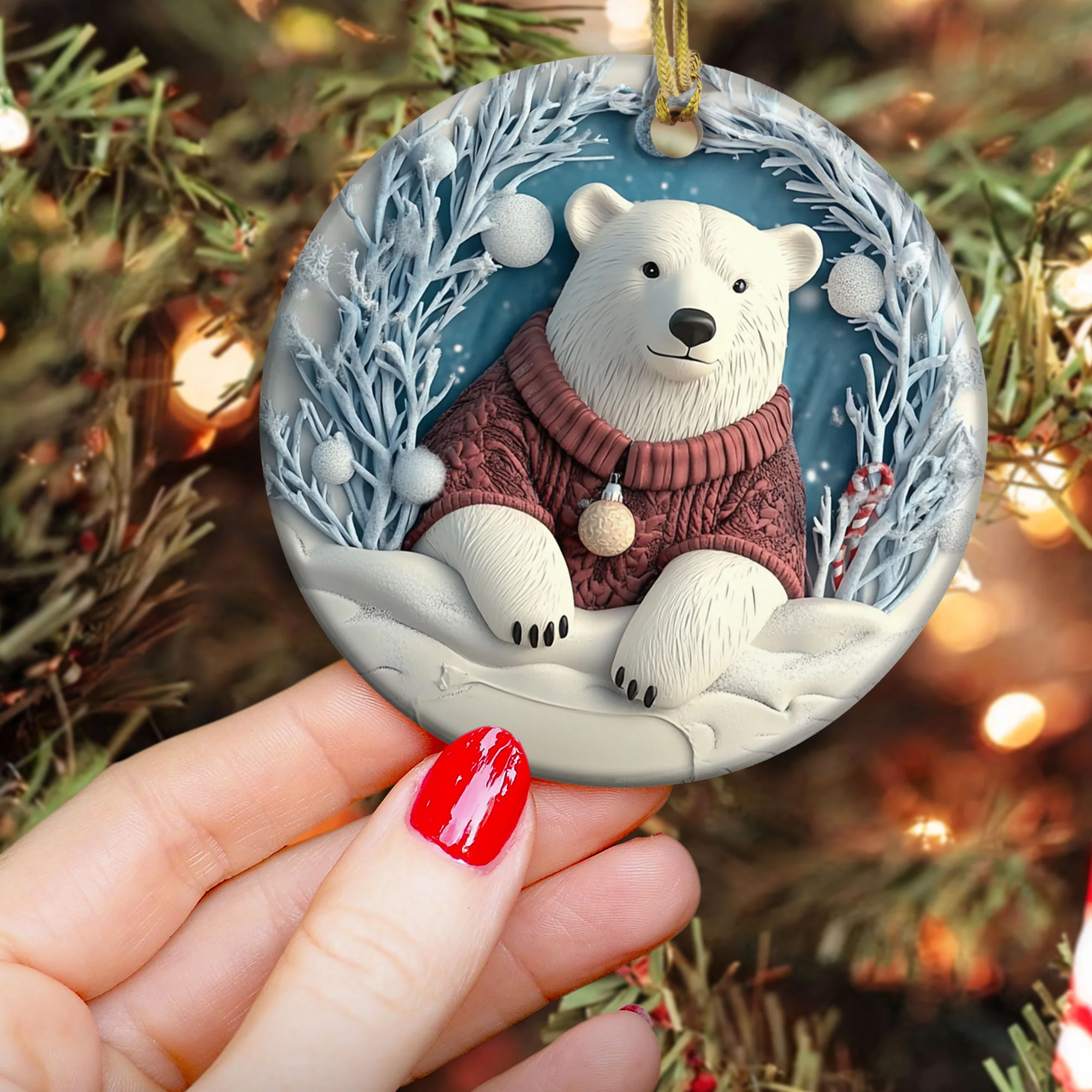 Polar Bear Christmas Decor - Flat Ornament - Polar Bear Ornament - Personalized Ceramic Ornament - Image 3