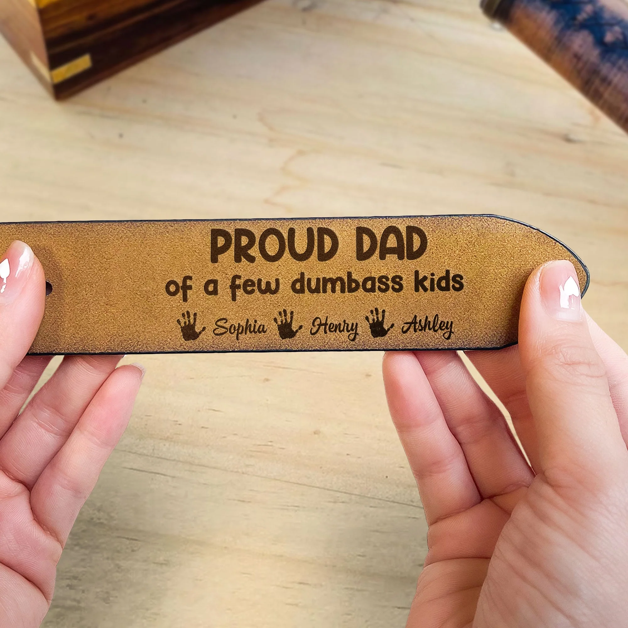 Proud Dad Of A Few Dumbass Kids - Personalized Engraved Leather Belt - Image 3