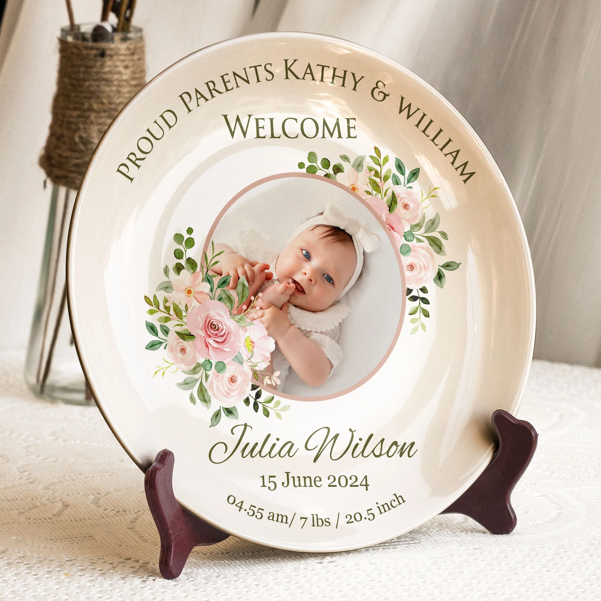 Proud Parents Newborn Baby Birth Plate - Personalized Photo Ceramic Plate - Image 2