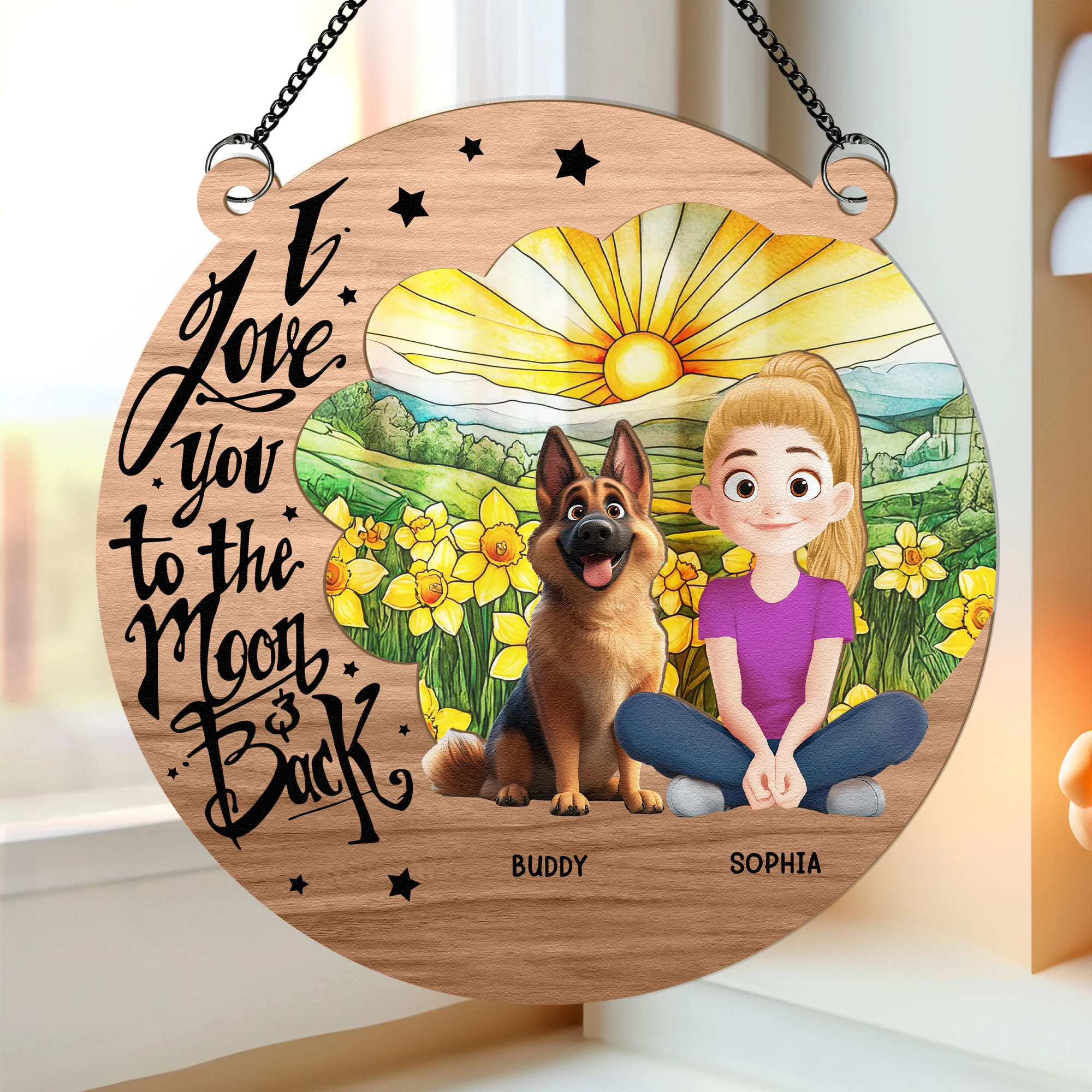 Puppy - Love You To The Moon & Back - Personalized Window Hanging Suncatcher Ornament