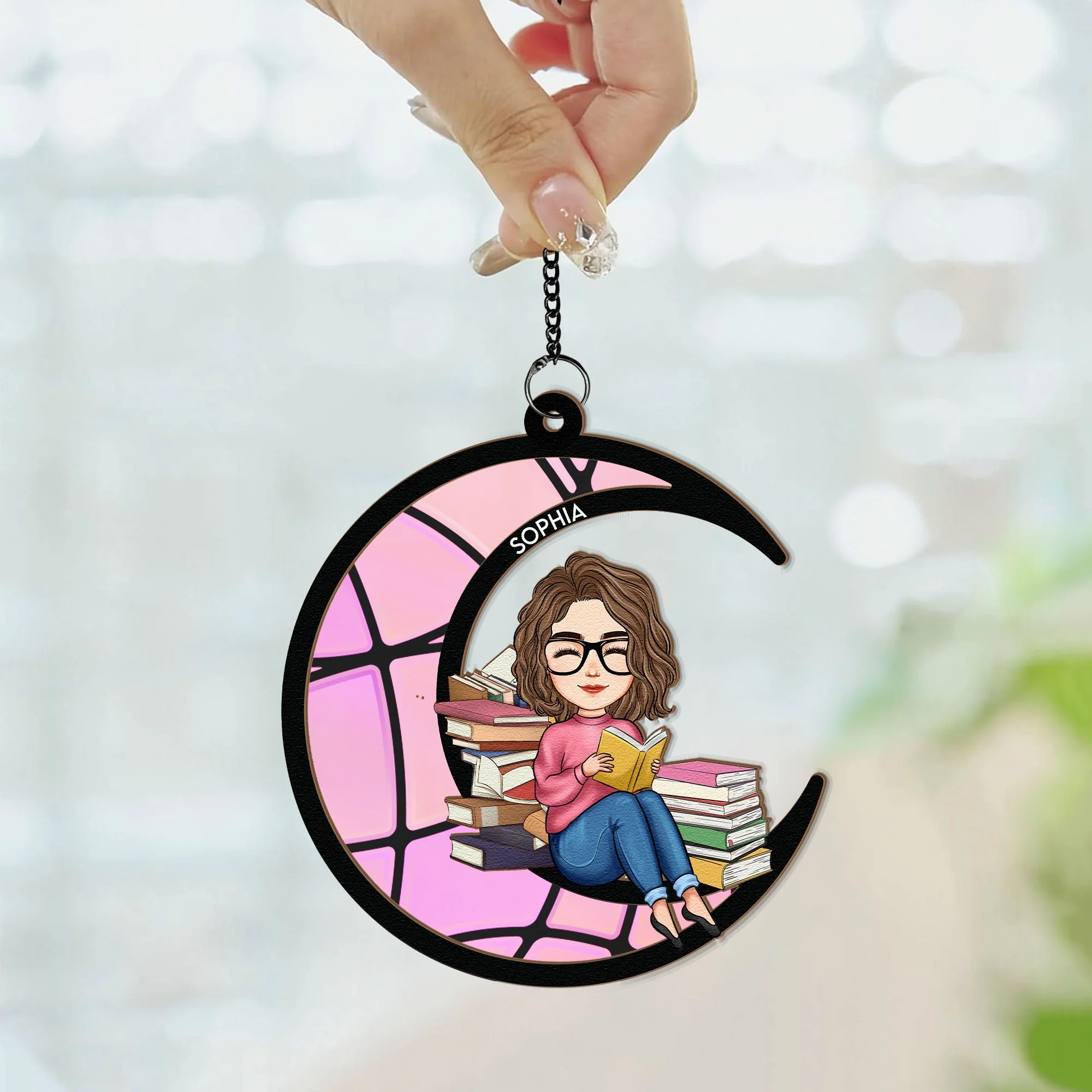 Reading On The Moon - Personalized Window Hanging Suncatcher Ornament - Image 2
