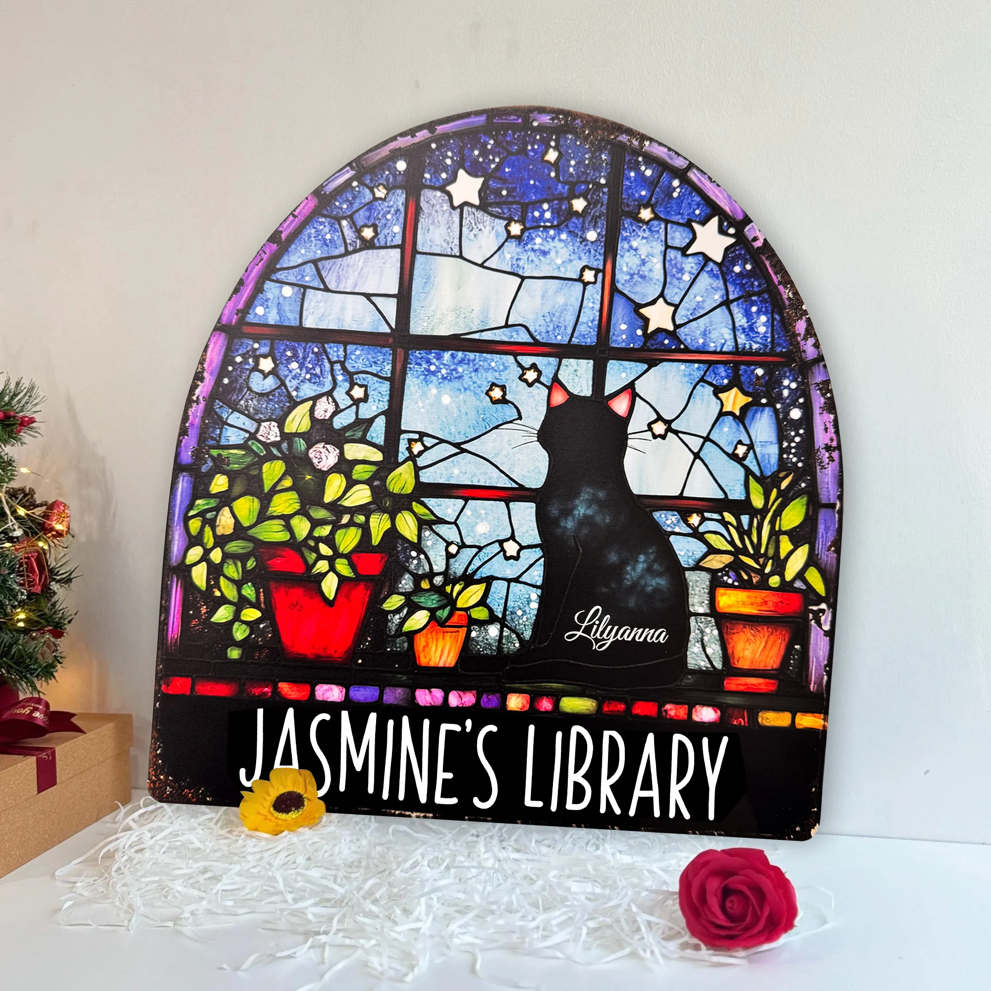 Reading With Black Cat Stained Glass Print - Personalized Metal Sign - Image 2