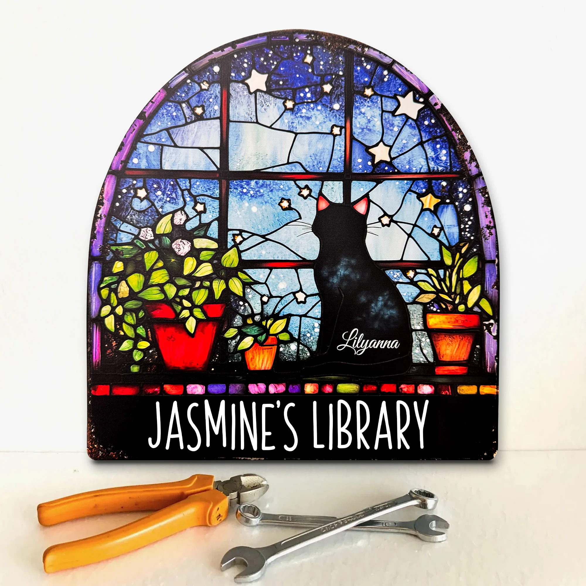 Reading With Black Cat Stained Glass Print - Personalized Metal Sign - Image 3