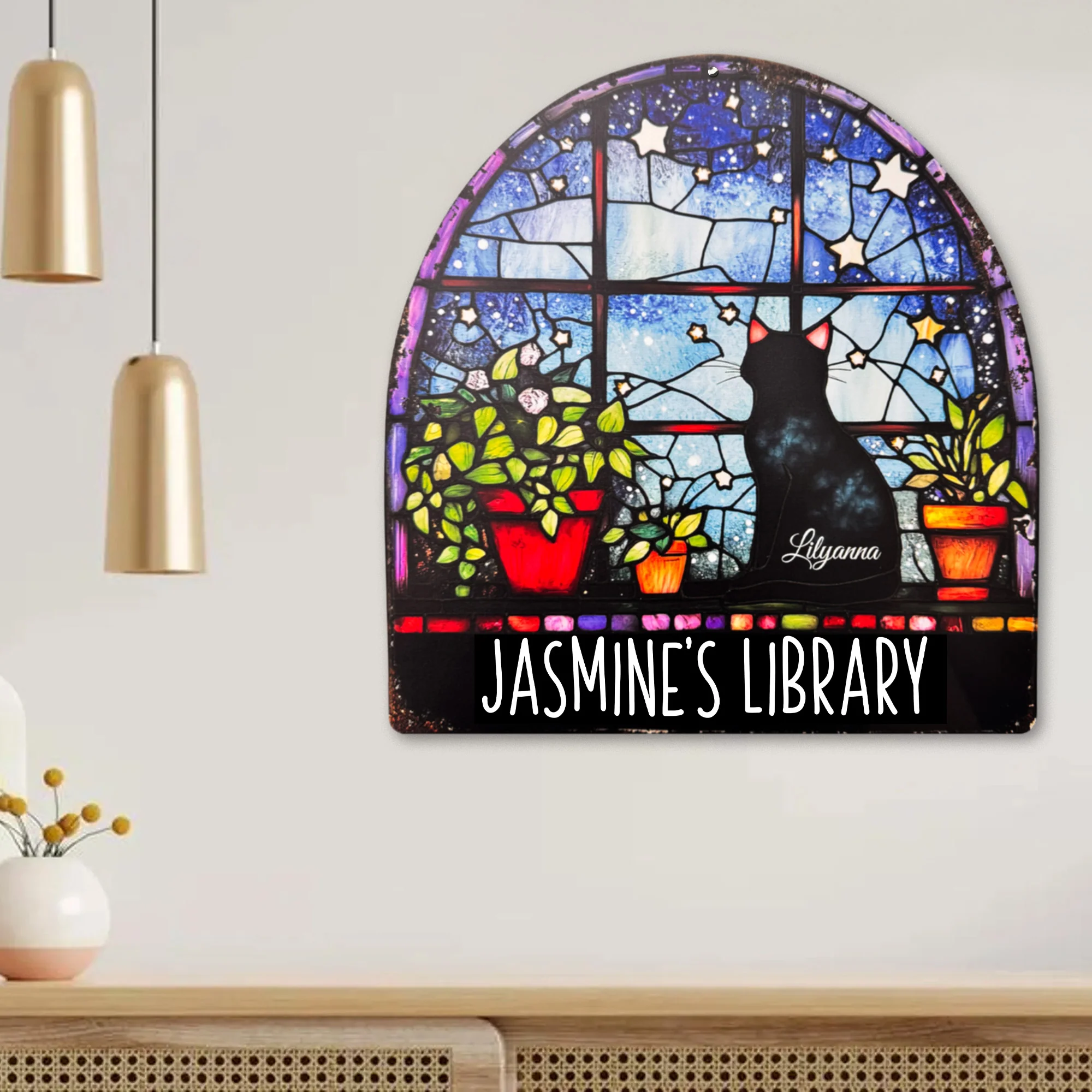Reading With Black Cat Stained Glass Print - Personalized Metal Sign - Image 4