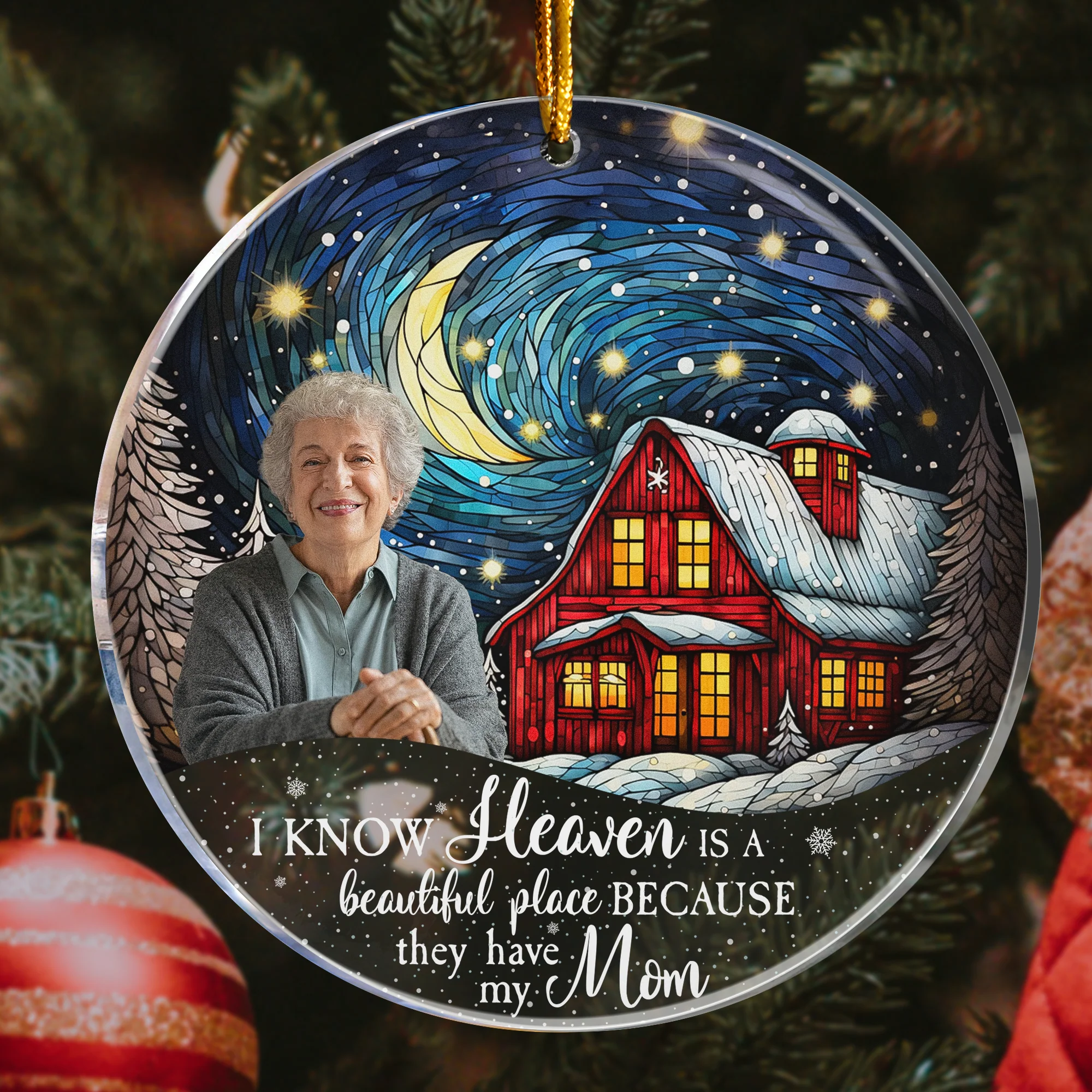 Red Barn Christmas Night Heaven - Memorial Gifts - Personalized Acrylic Photo Ornament - Image 2