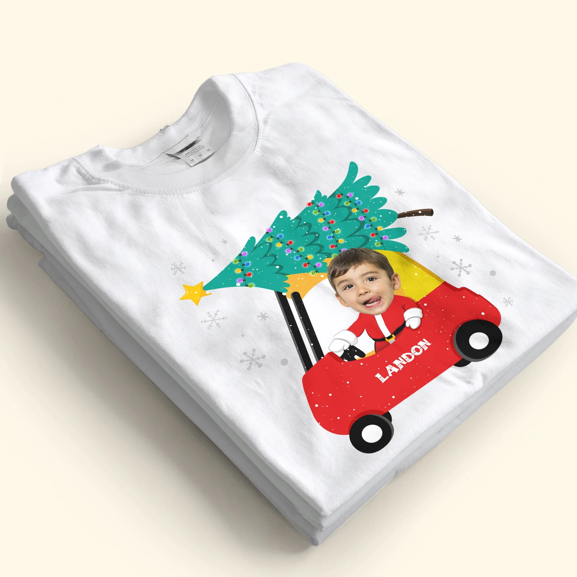 Red Car Christmas Kids Custom Face - Personalized Photo Shirt - Image 2