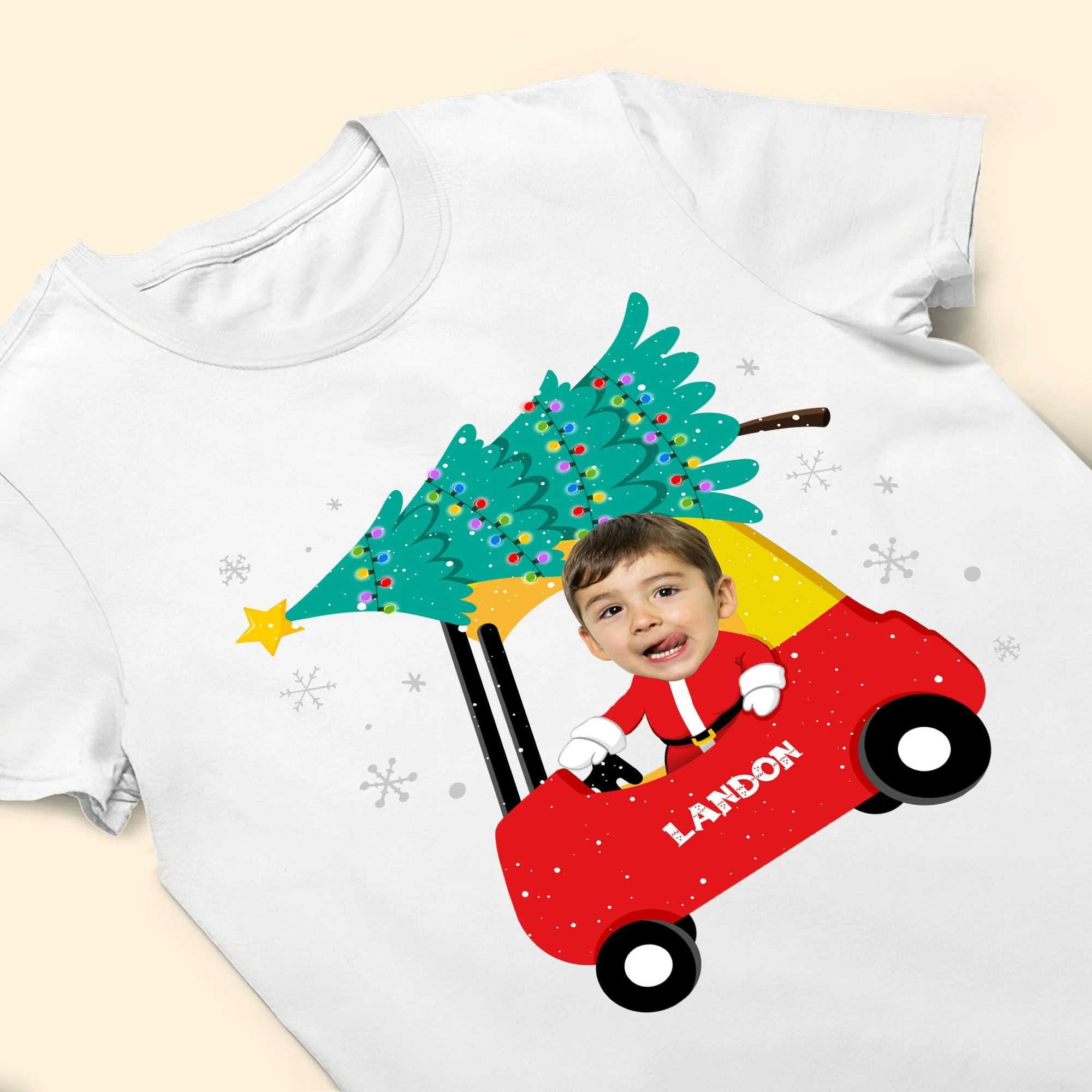 Red Car Christmas Kids Custom Face - Personalized Photo Shirt - Image 3