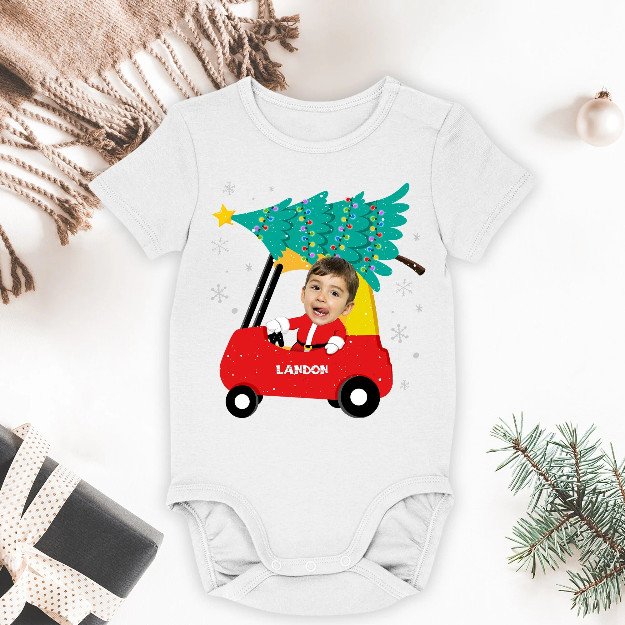 Red Car Christmas Kids Custom Face - Personalized Photo Shirt - Image 4