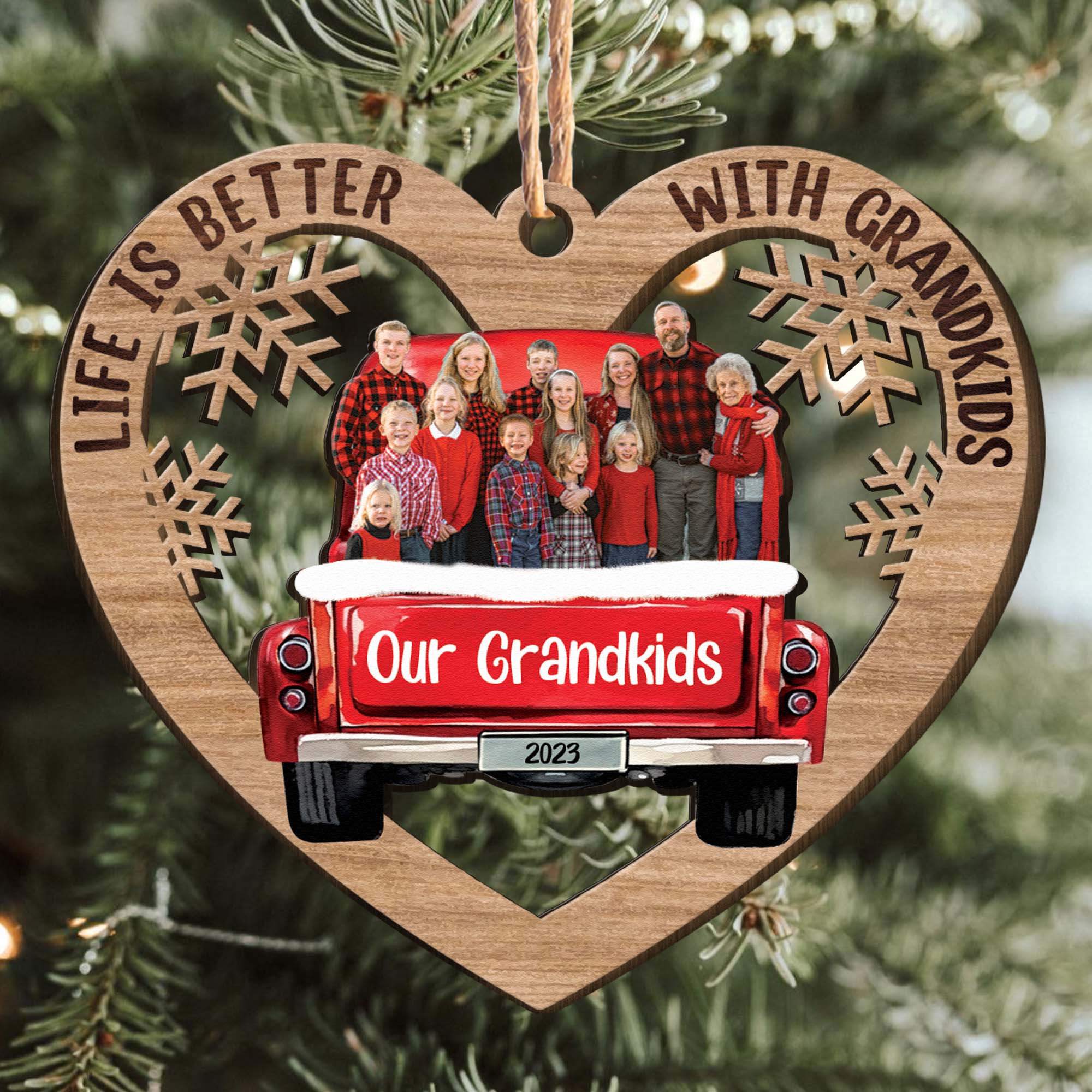 Red Truck Christmas Grandparents & Grandkids Custom Photo - Personalized Wooden Photo Ornament - Image 2