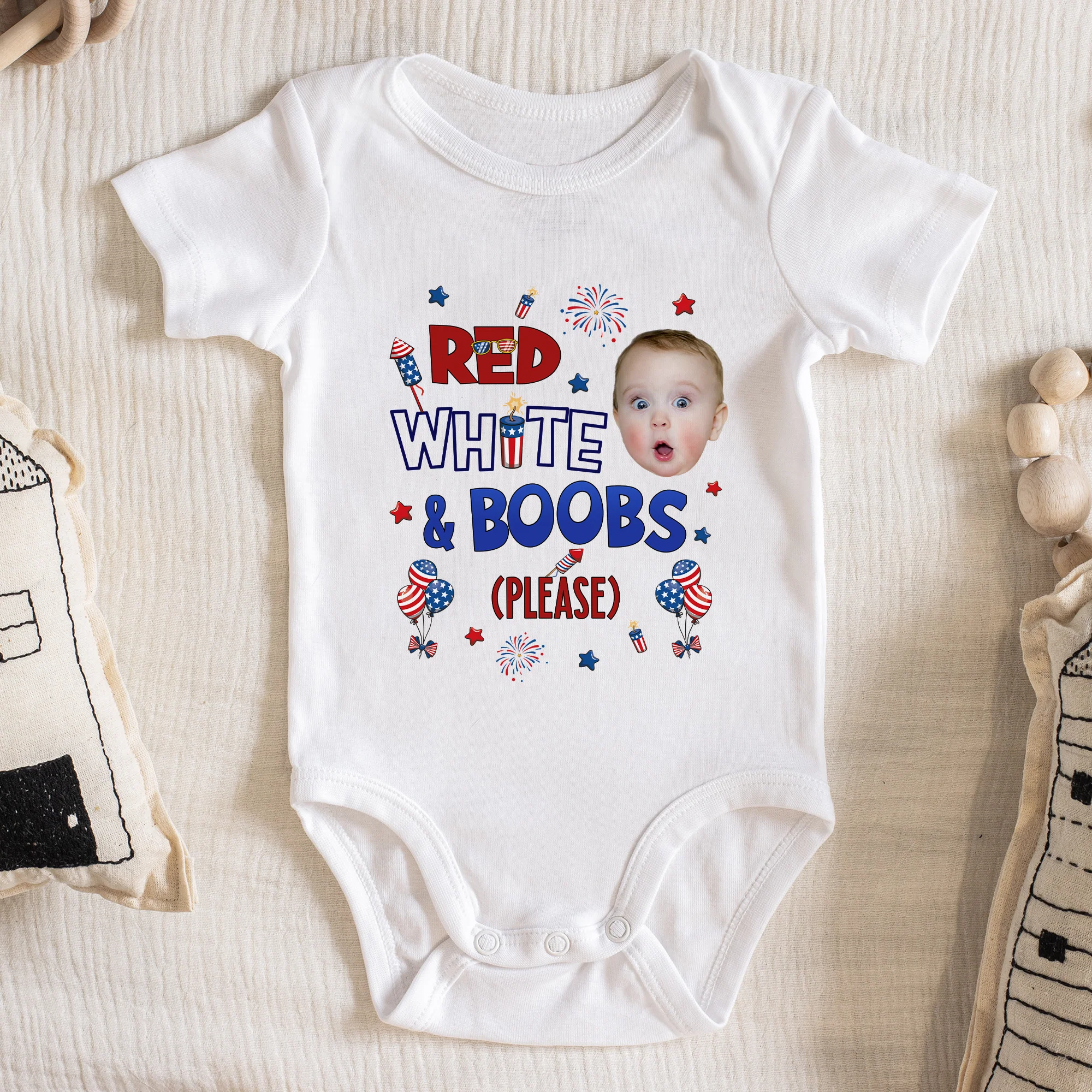 Red White And Boobs Please With 4Th Of July Pattern - Personalized Photo Baby Onesie - Image 2