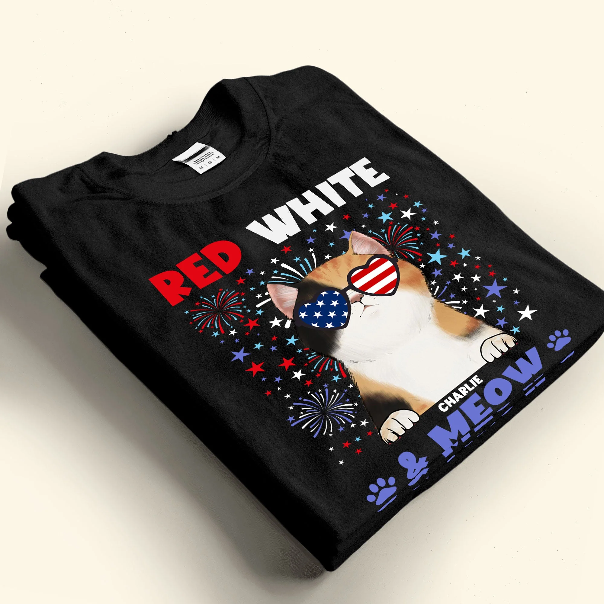 Red White & Meow With 4Th Of July Pattern - Personalized Shirt - Image 2