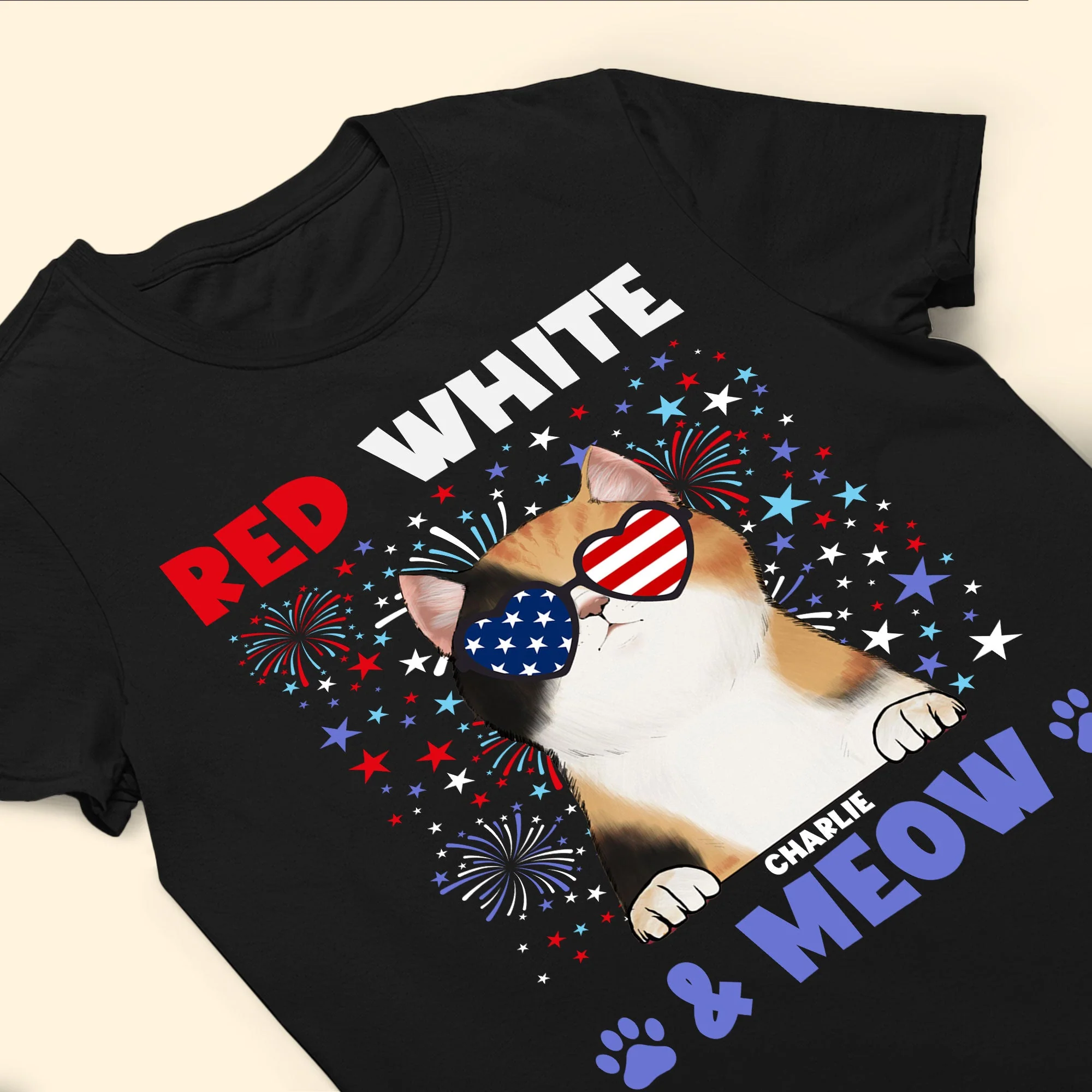 Red White & Meow With 4Th Of July Pattern - Personalized Shirt - Image 3
