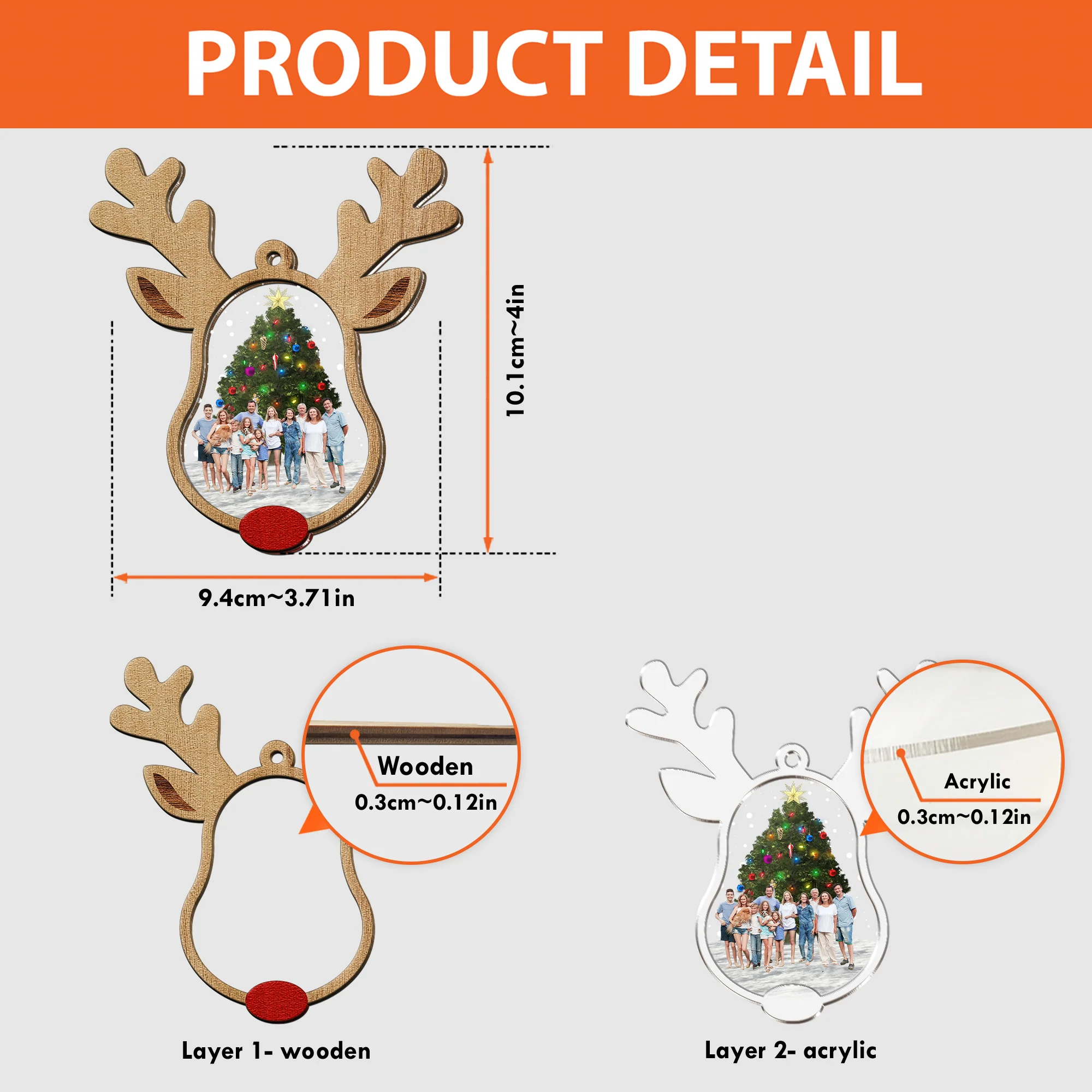 Reindeer Christmas Custom Photo Family, Friends - Personalized Wood Acrylic Photo Ornament - Image 5