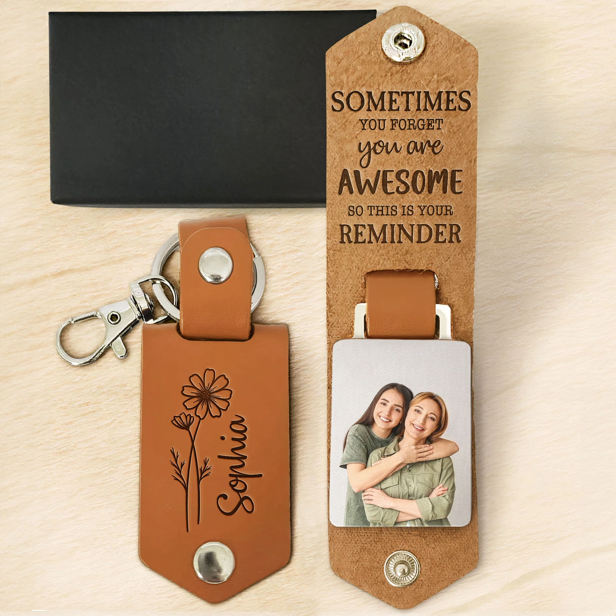 Reminder That You Are Awesome Mother's Day Gift - Personalized Photo Leather Keychain - Image 4