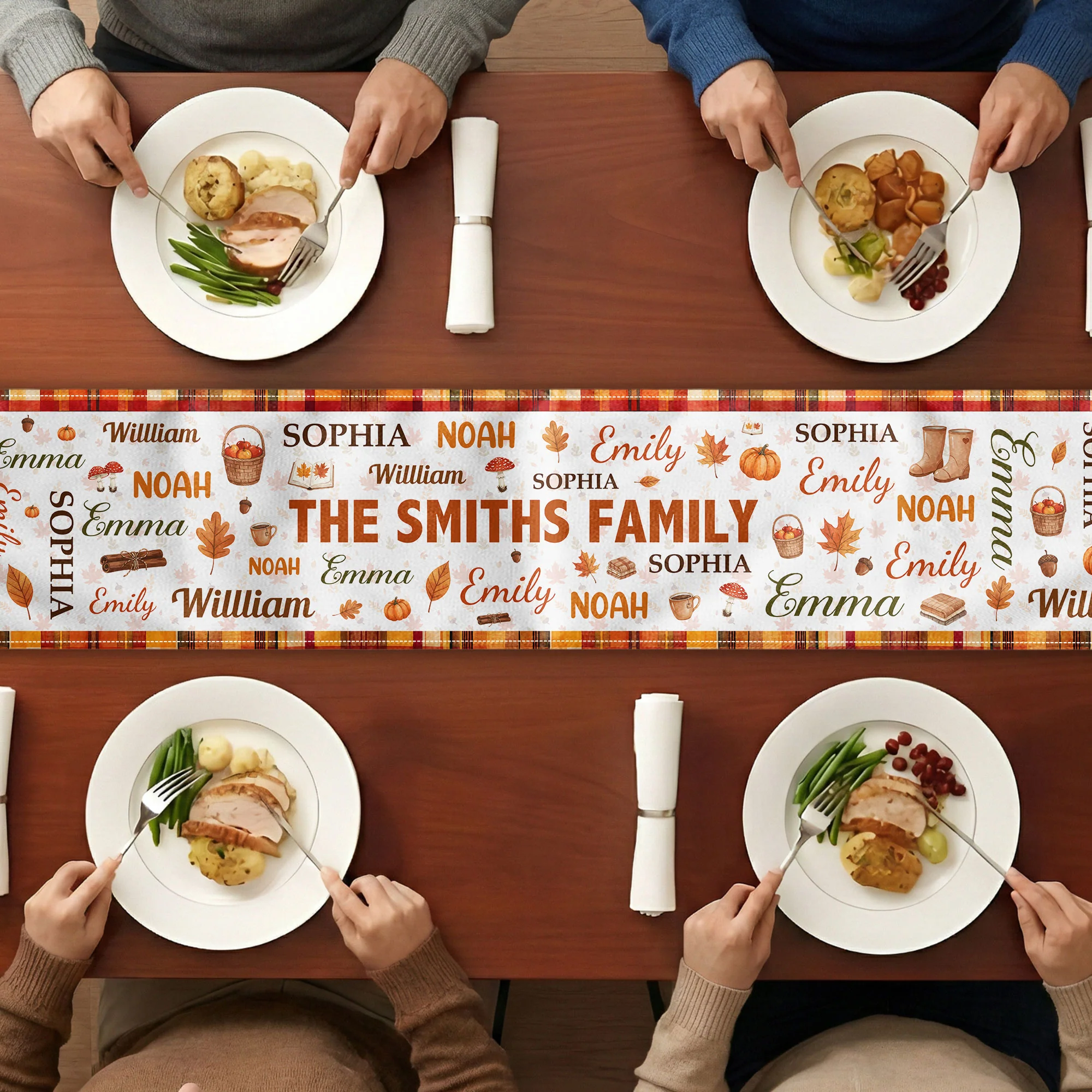 Repeating Names Autumn Leaves Pumpkin Pattern Decor - Personalized Table Runner - Image 3
